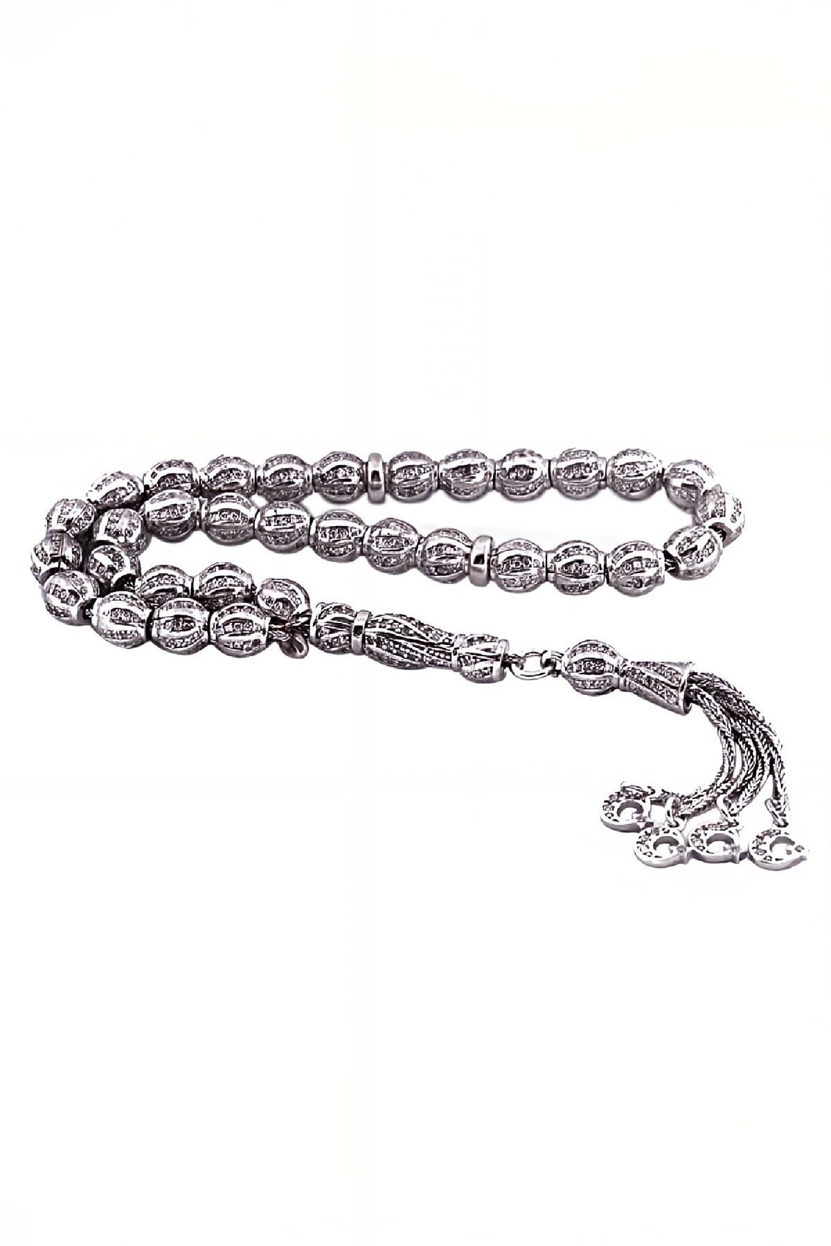 Gümüş Zirkon Taşlı Ay Yıldız Püsküllü Tesbih