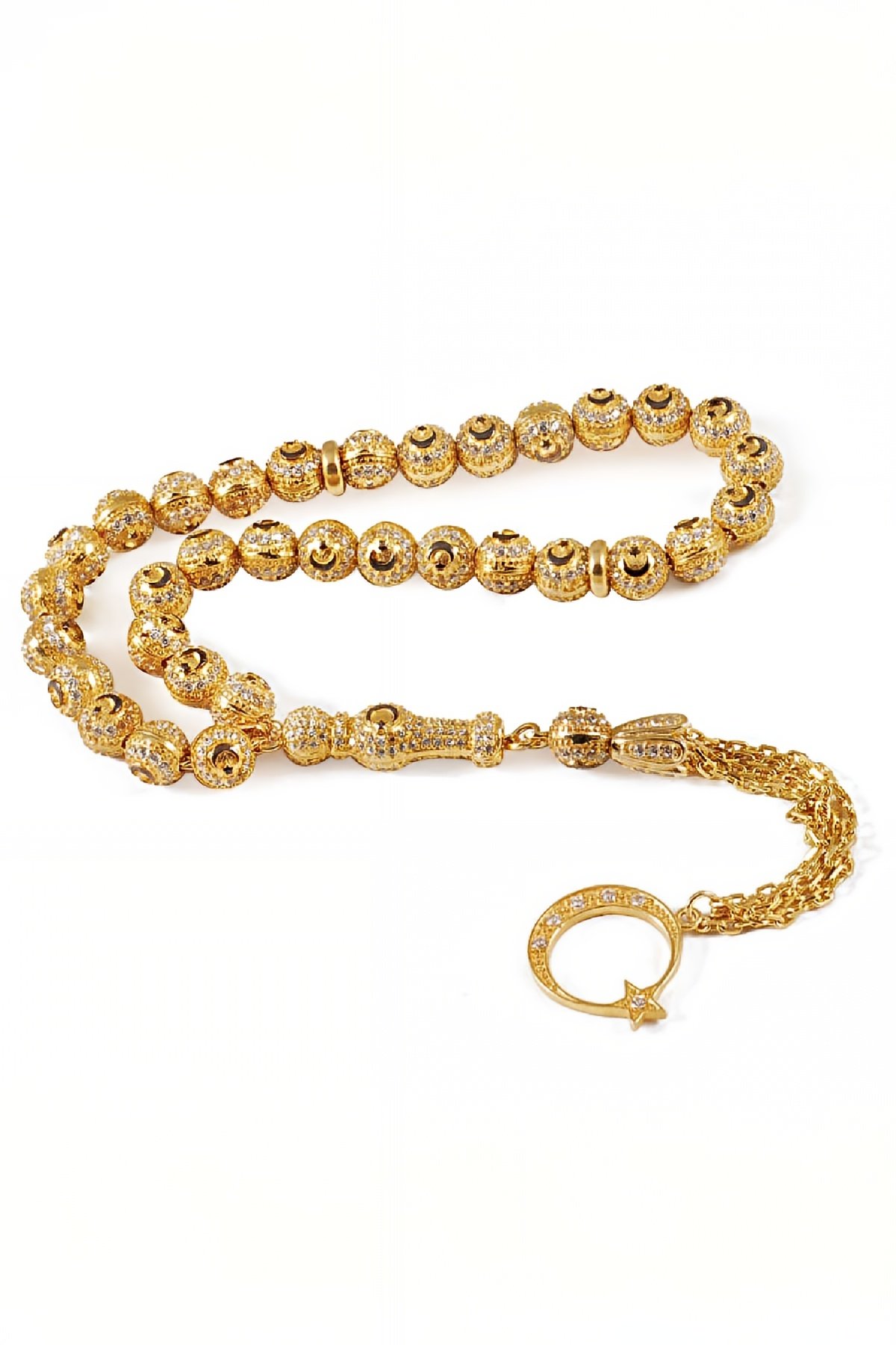 Gümüş Zirkon Taşlı Ay Yıldız Tane Püsküllü Tesbih