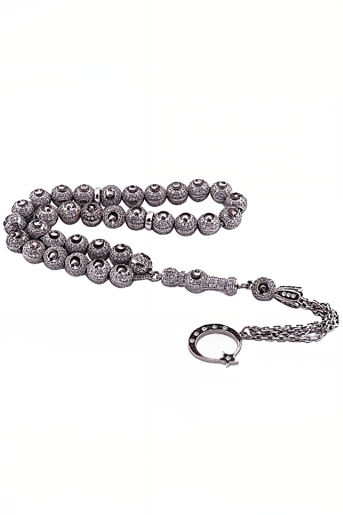 Gümüş Zirkon Taşlı Ay Yıldız Temalı Tesbih