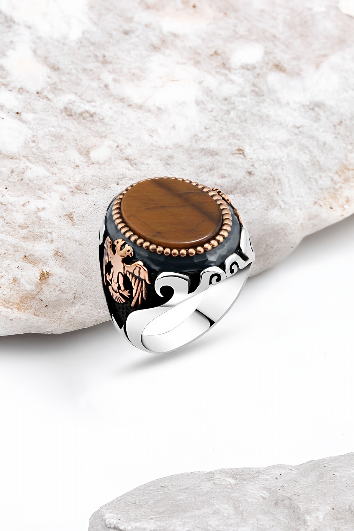 Kaplan Gözü Taşlı Selçuklu Kartalı Gümüş Erkek Yüzük