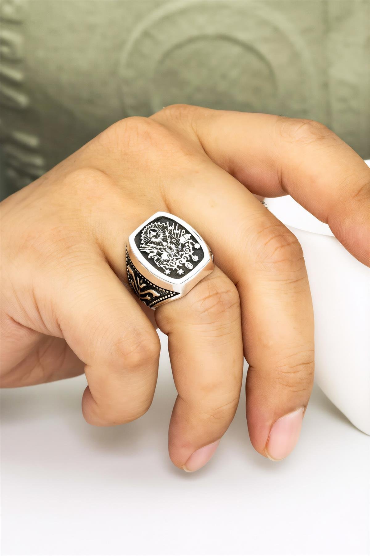 Karartmalı Osmanlı Devlet Arması Düz Gümüş Erkek Yüzük