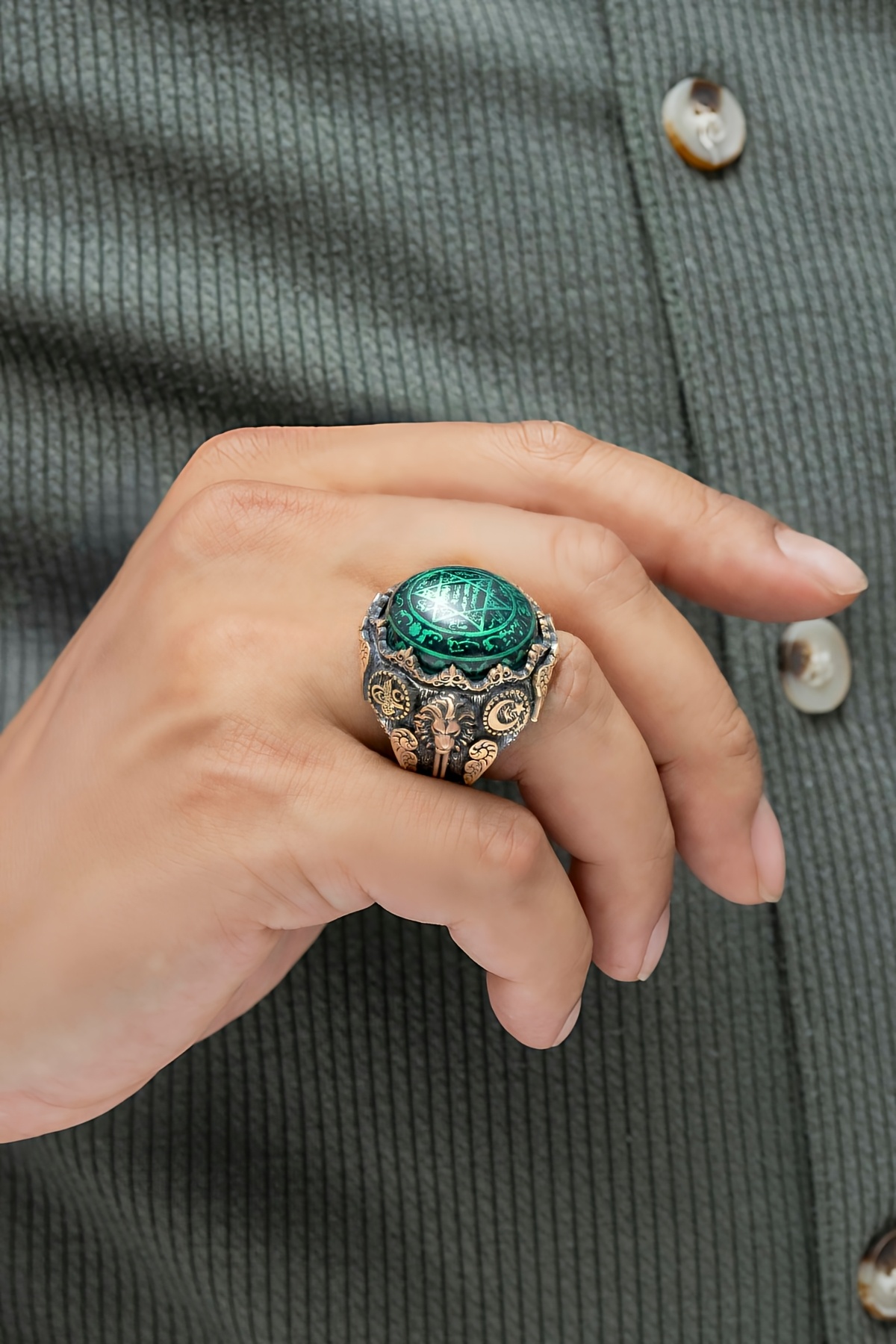 Kehribar Taşlı Süleyman Mührü İşlemeli Gümüş Erkek Yüzük