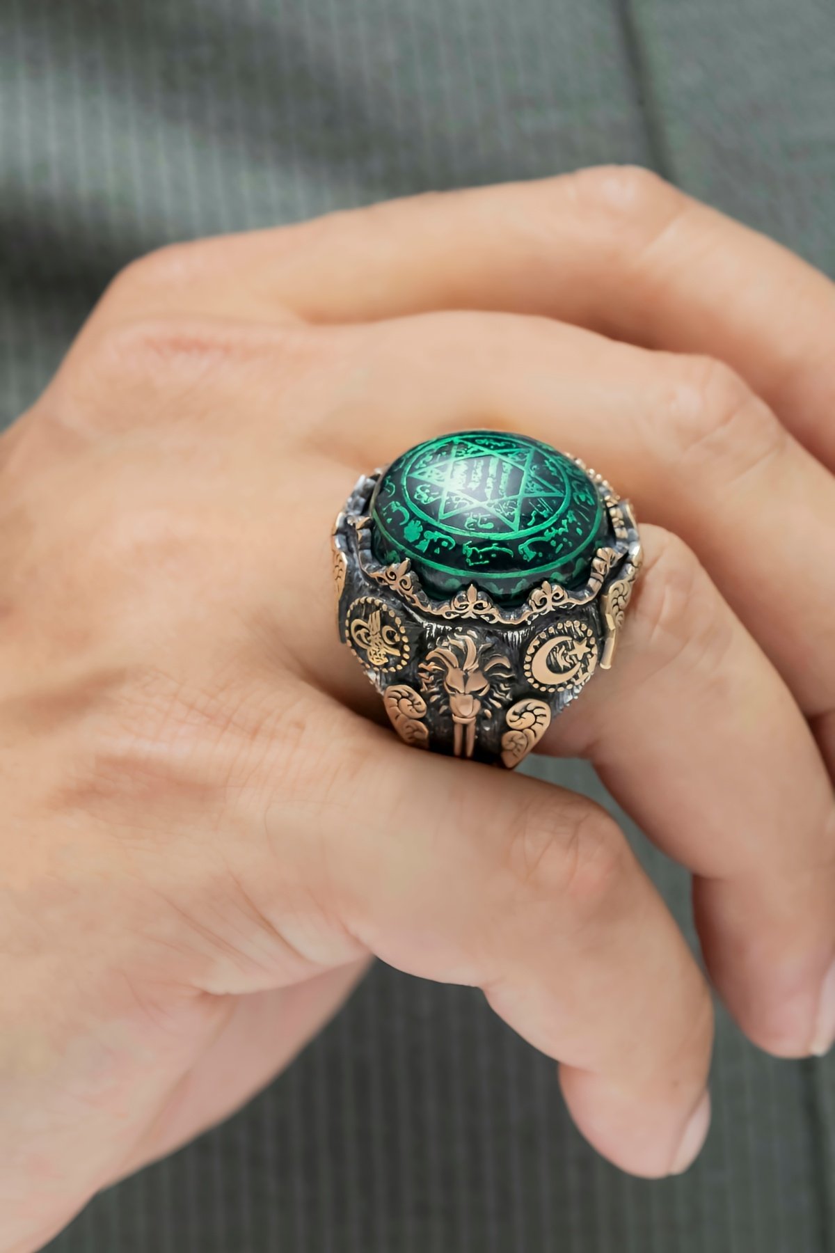 Kehribar Taşlı Süleyman Mührü İşlemeli Gümüş Erkek Yüzük