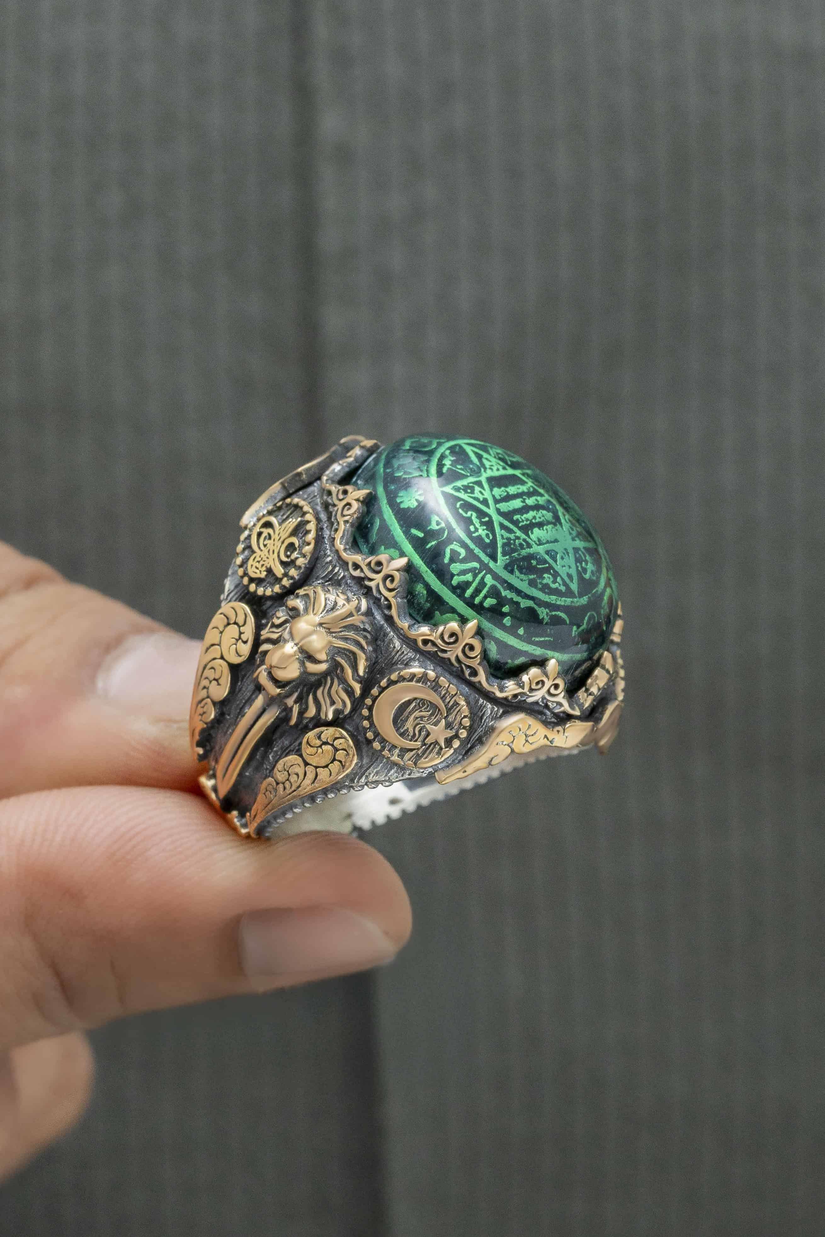 Kehribar Taşlı Süleyman Mührü İşlemeli Gümüş Erkek Yüzük