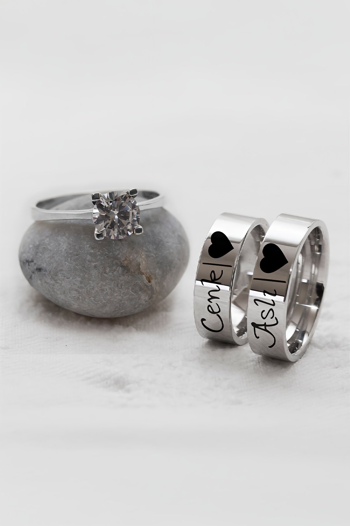 Kişiye Özel Düz Klasik İsimli Çift Gümüş Alyans (Tektaş Hediyeli)