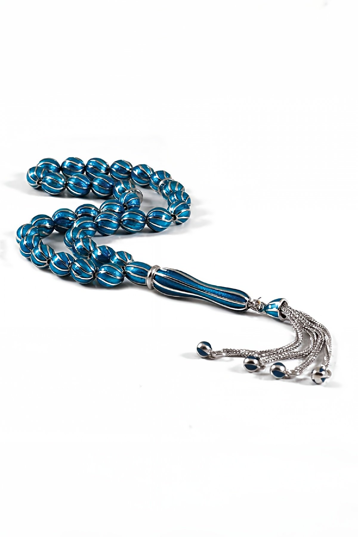 Koyu Turkuaz Mineli Gümüş Tesbih