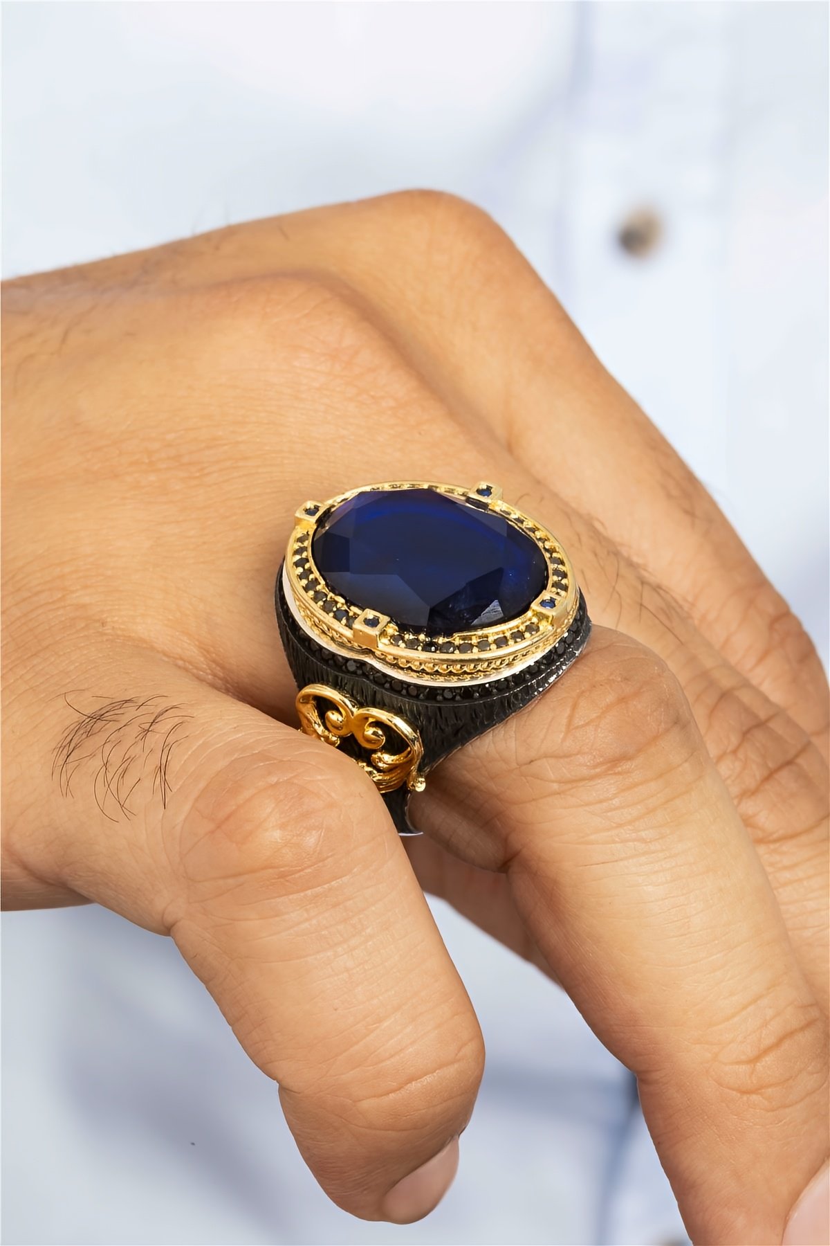 Lacivert Taşlı Altın Kaplama Otantik Gümüş Erkek Yüzük