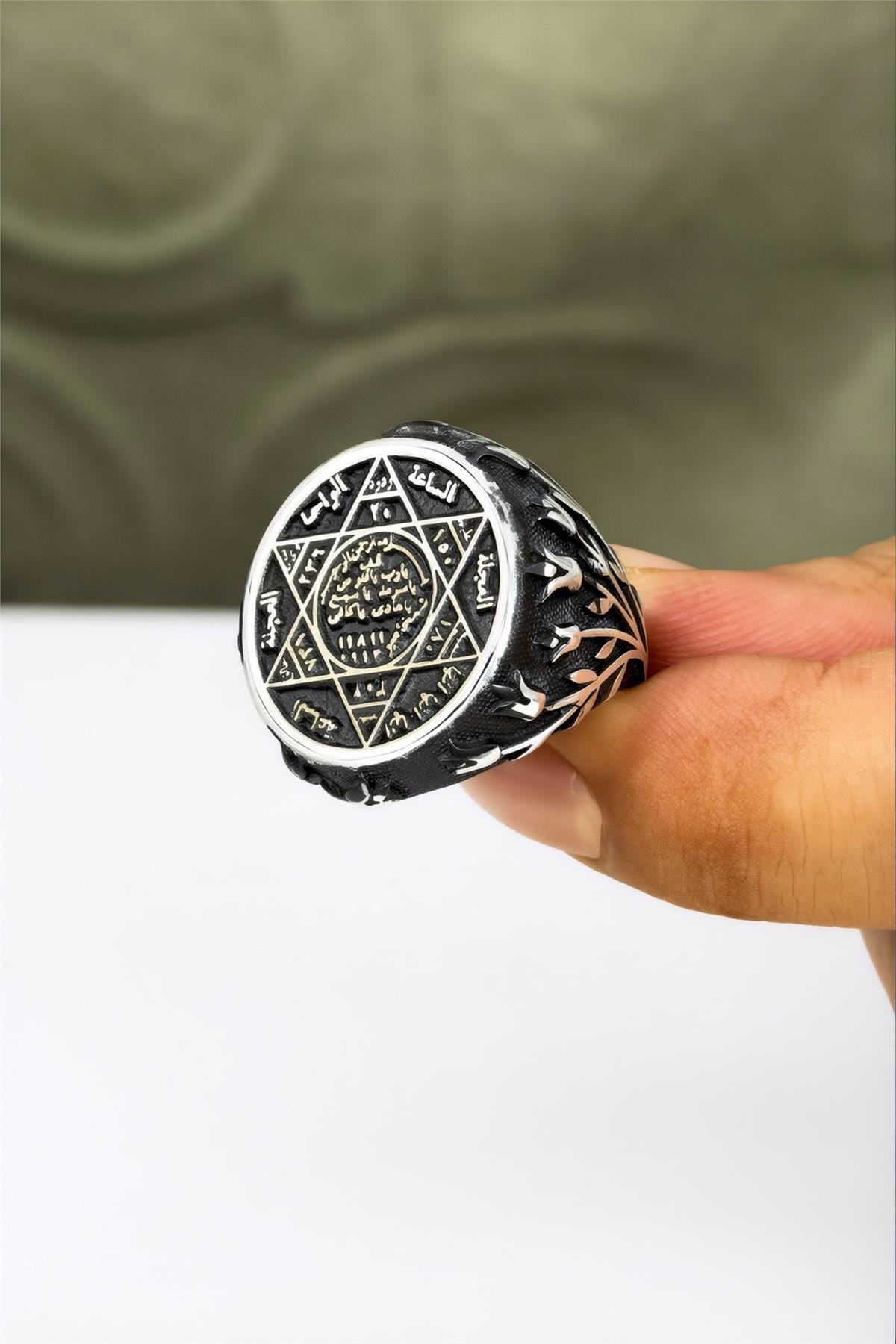 Lale Motifli Karartmalı Hz. Süleyman Mührü 925 Ayar Gümüş Erkek Yüzük