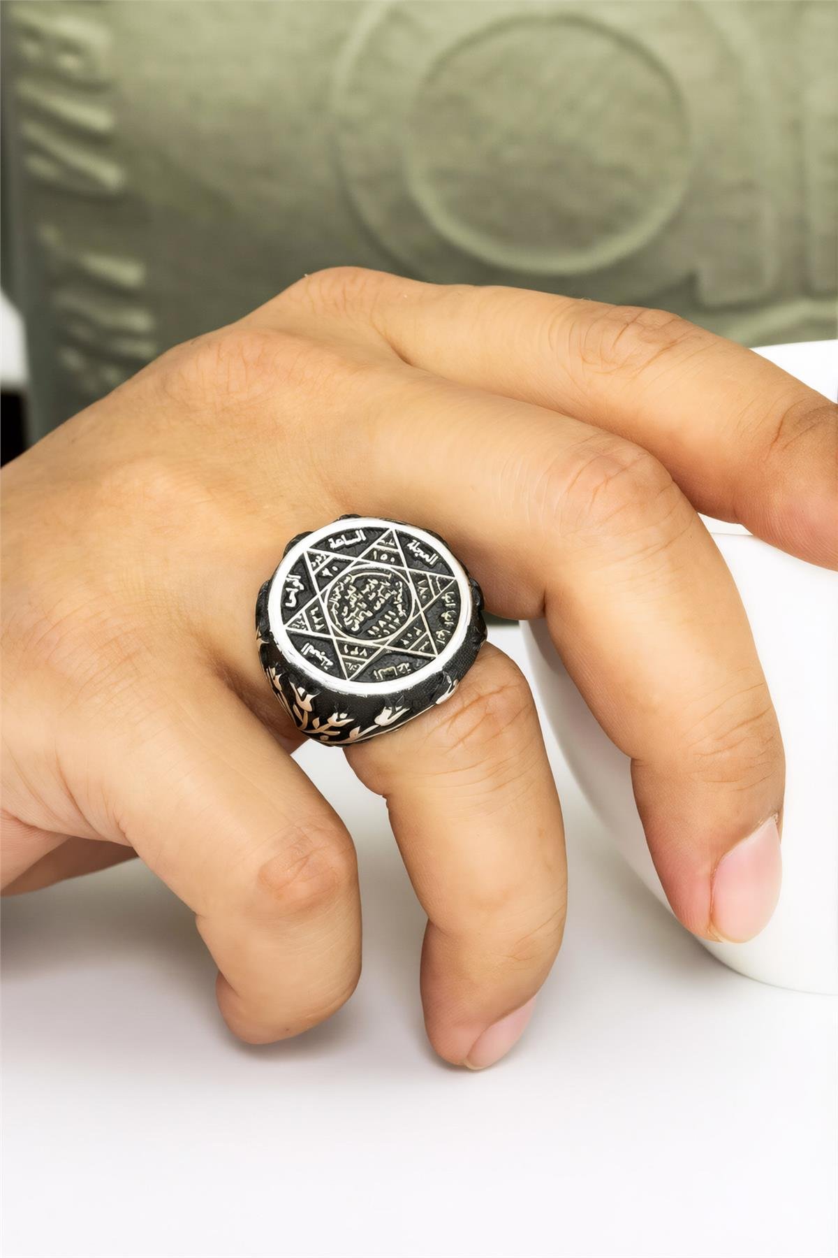 Lale Motifli Karartmalı Hz. Süleyman Mührü 925 Ayar Gümüş Erkek Yüzük
