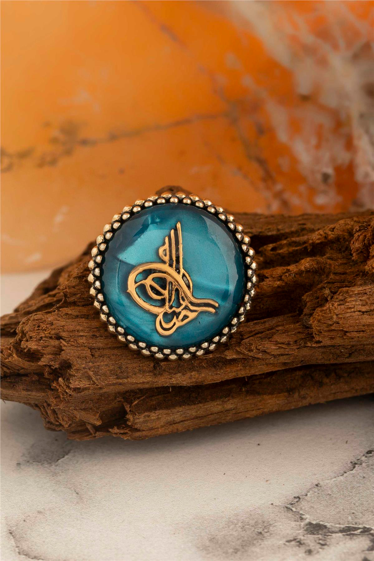 Mavi Mineli Osmanlı Tuğrası Gümüş Rozet