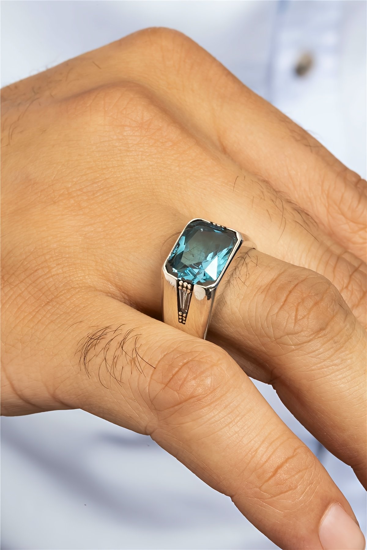 Mavi Zirkon Taşlı Modern Gümüş Erkek Yüzük