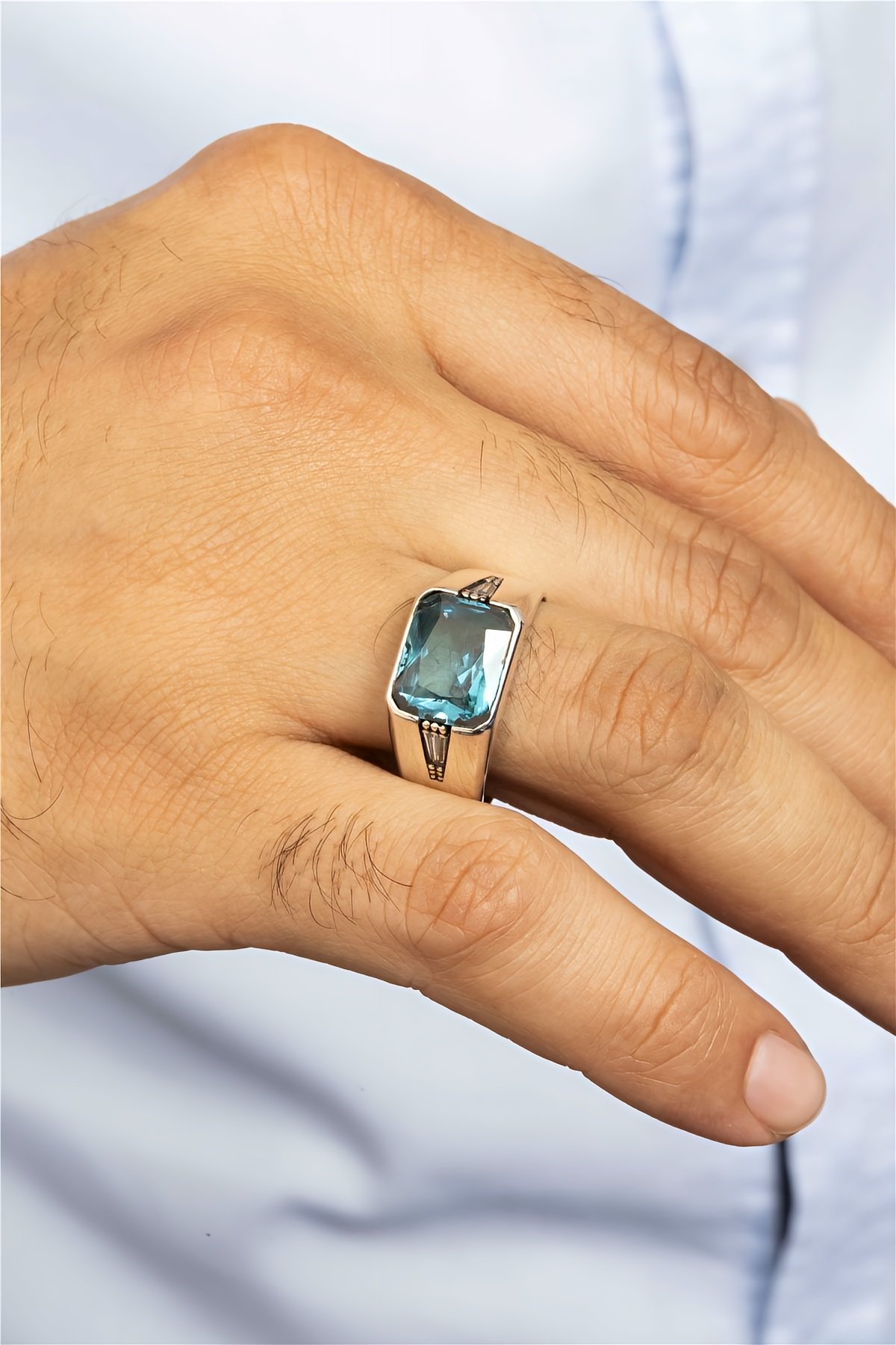 Mavi Zirkon Taşlı Modern Gümüş Erkek Yüzük