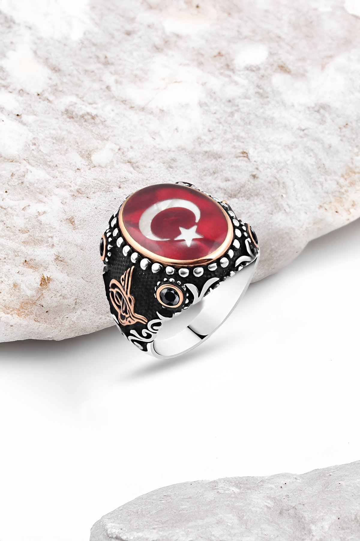 Mineli Türk Bayraklı Gümüş Erkek Yüzük