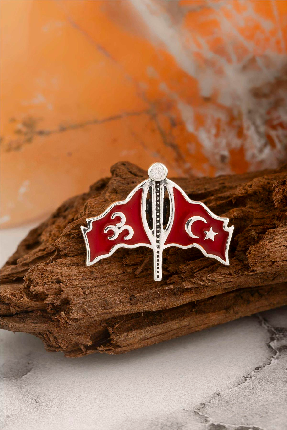 Mineli Üç Hilal ve Türk Bayrağı Gümüş Rozet