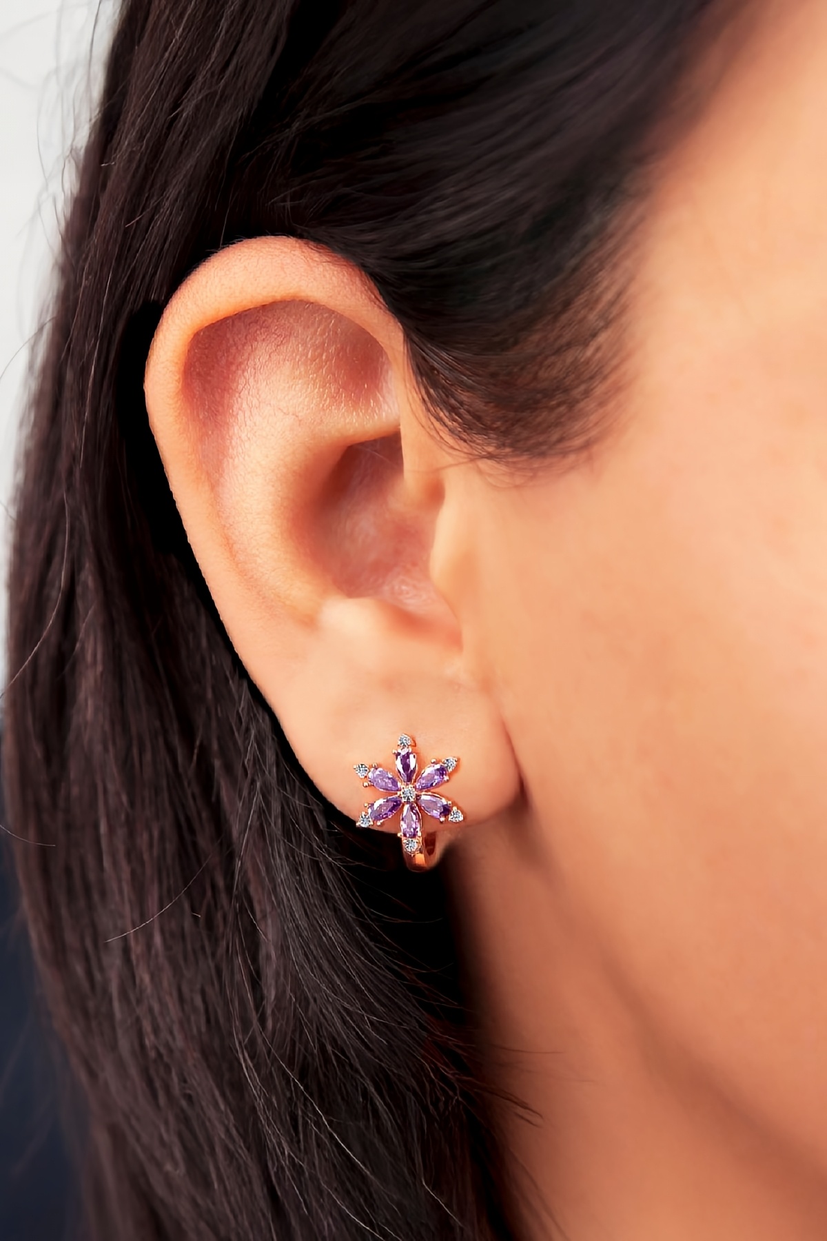 Mor Zirkon Taşlı Rose Renk 925 Ayar Gümüş Çiçek Küpe