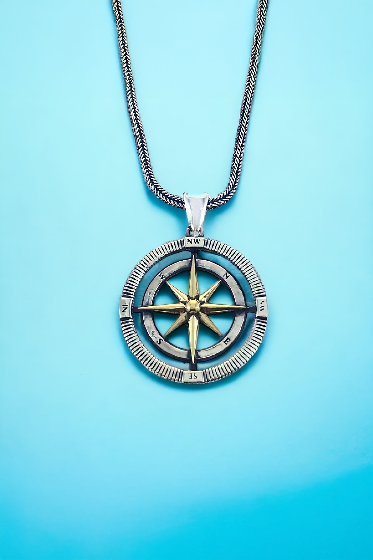 Özel Tasarım Oksitli Pusula Gümüş Erkek Kolye