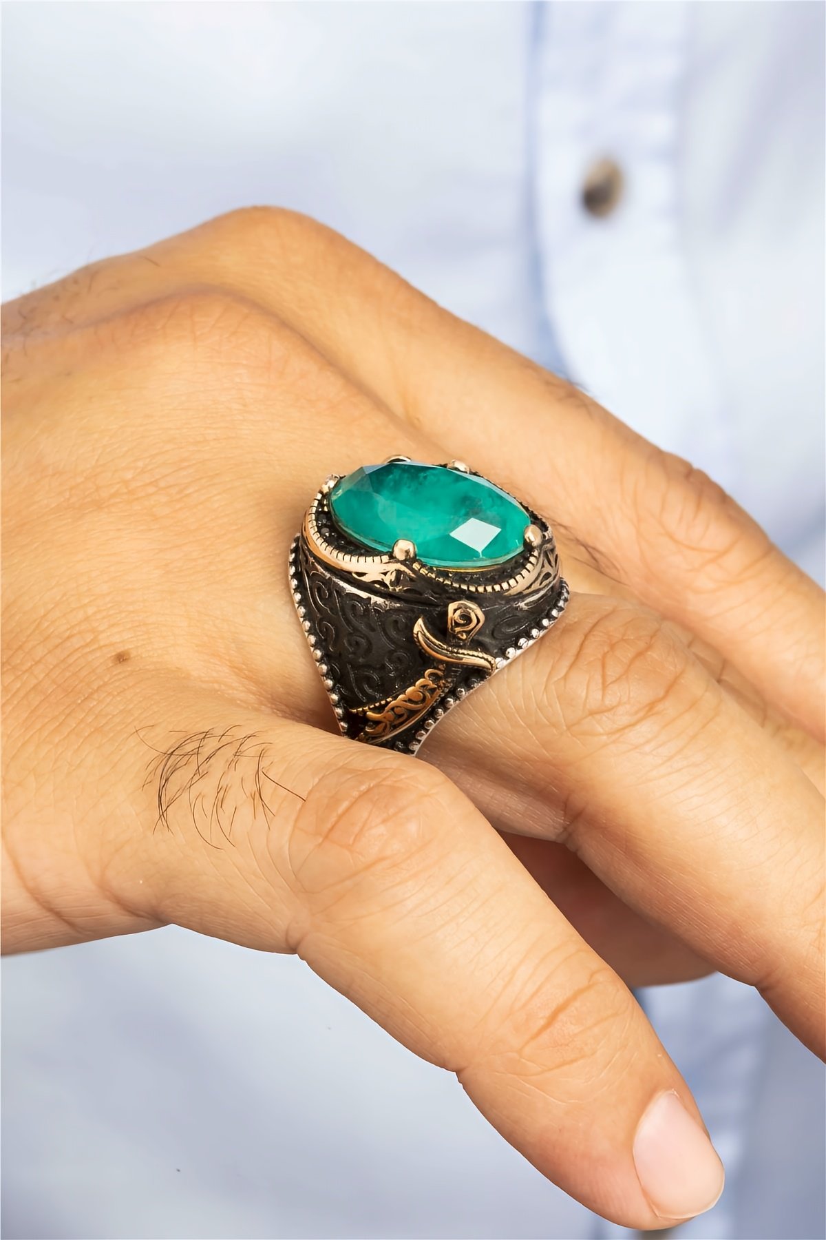 Paraiba Taşlı Zülfikar Motifli Gümüş Erkek Yüzük