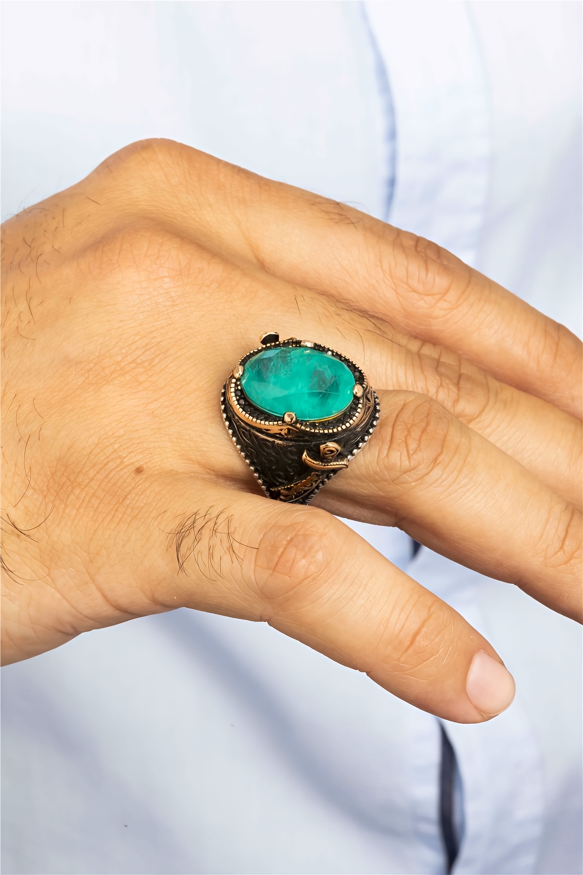 Paraiba Taşlı Zülfikar Motifli Gümüş Erkek Yüzük