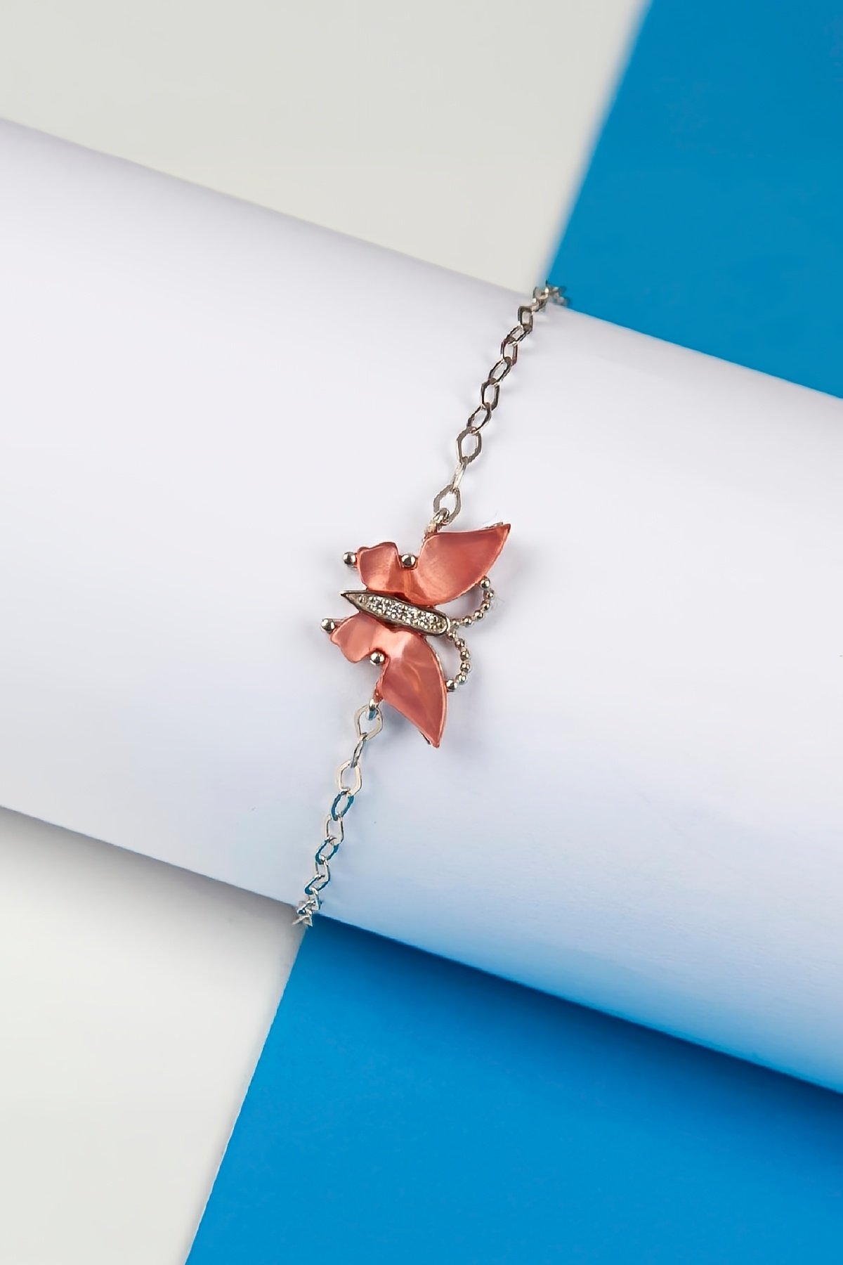 Pembe Opal Rodyumlu 925 Ayar Gümüş Kelebek Bayan Bileklik