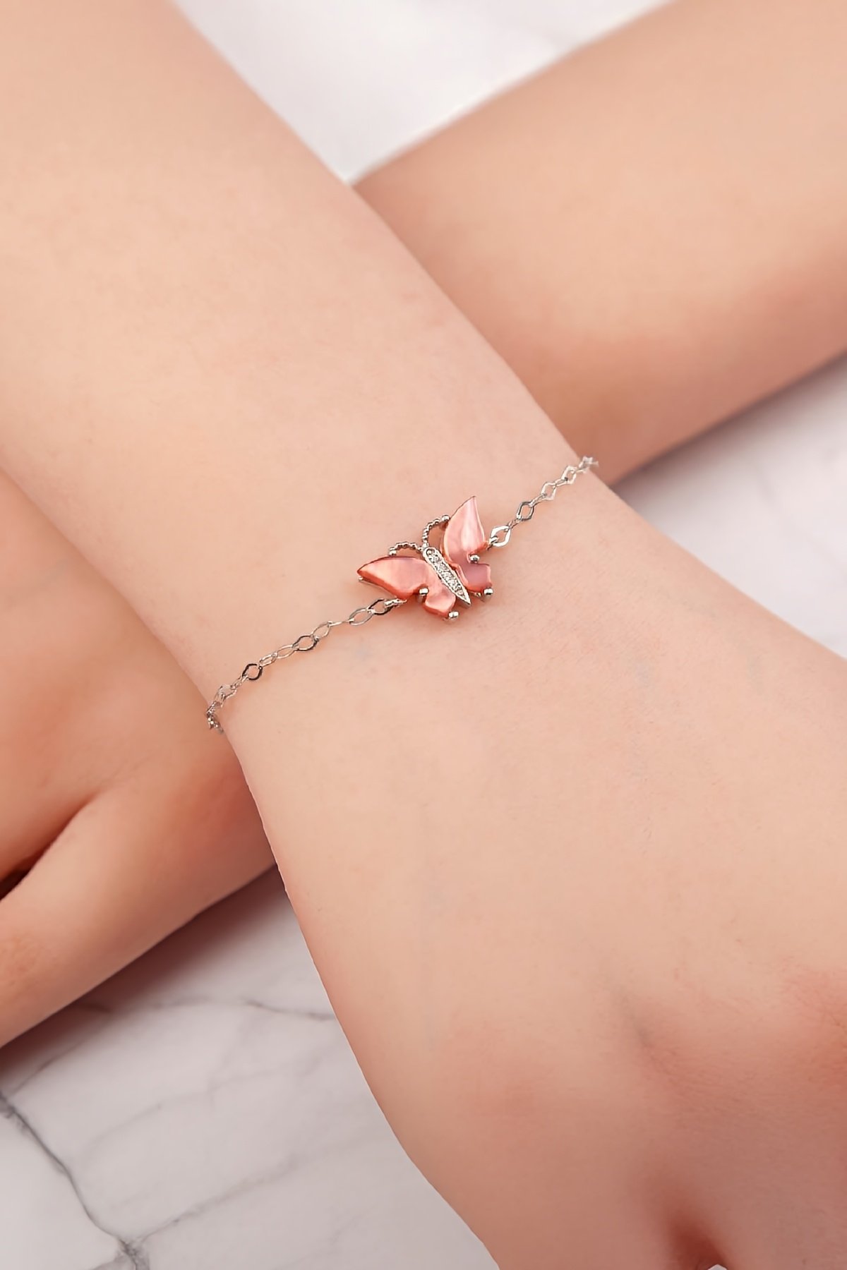 Pembe Opal Rodyumlu 925 Ayar Gümüş Kelebek Bayan Bileklik