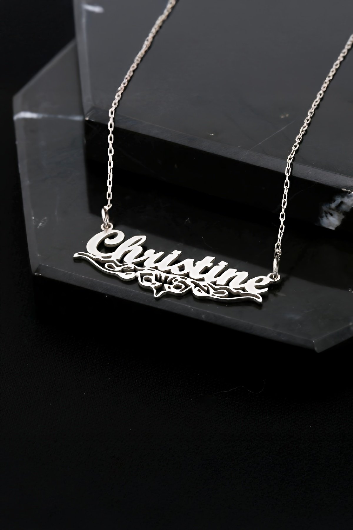 Rodyumlu İsimli Motifli Gümüş Bayan Kolye