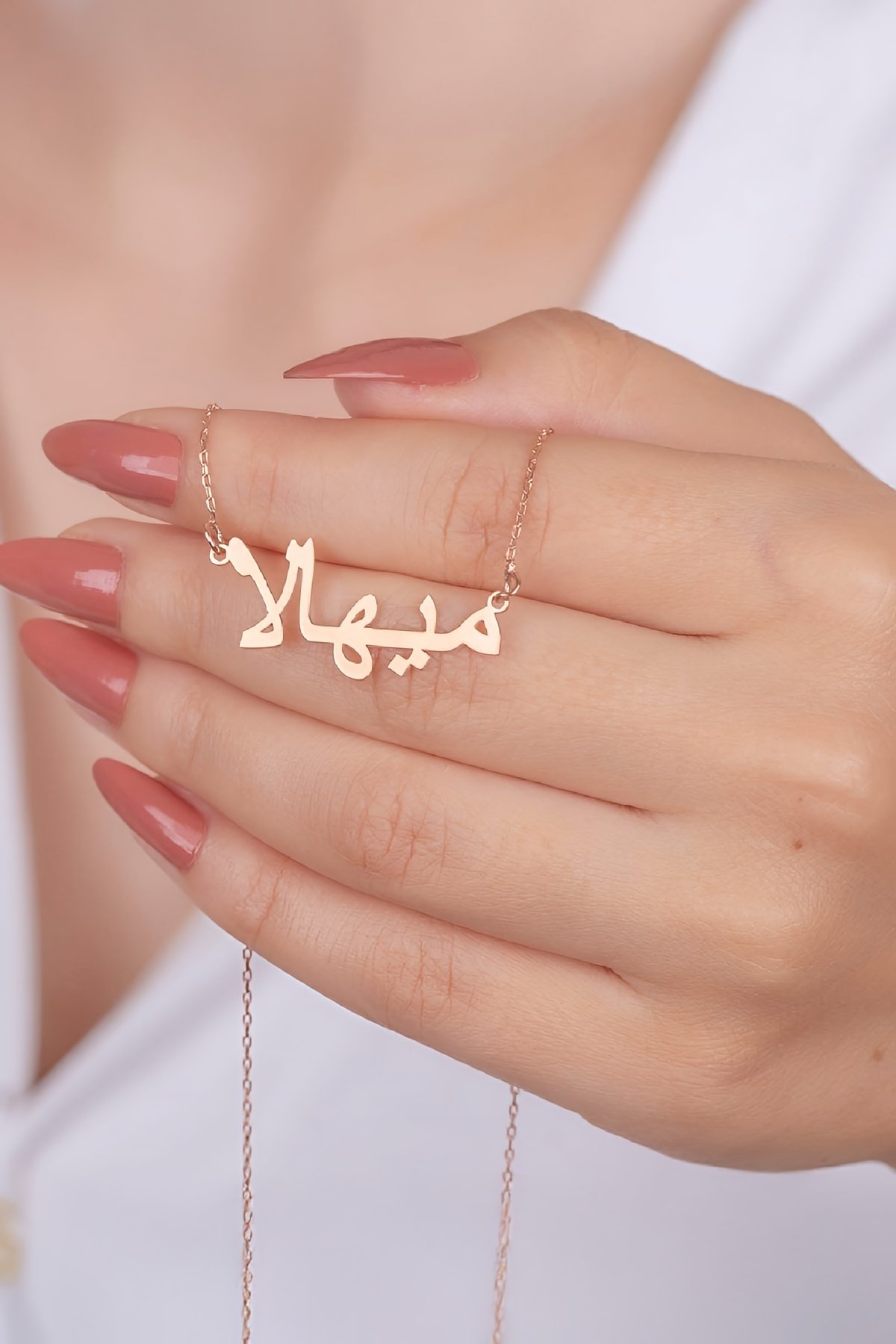 Rose Renk Arapça İsimli Plaka Gümüş Bayan Kolye