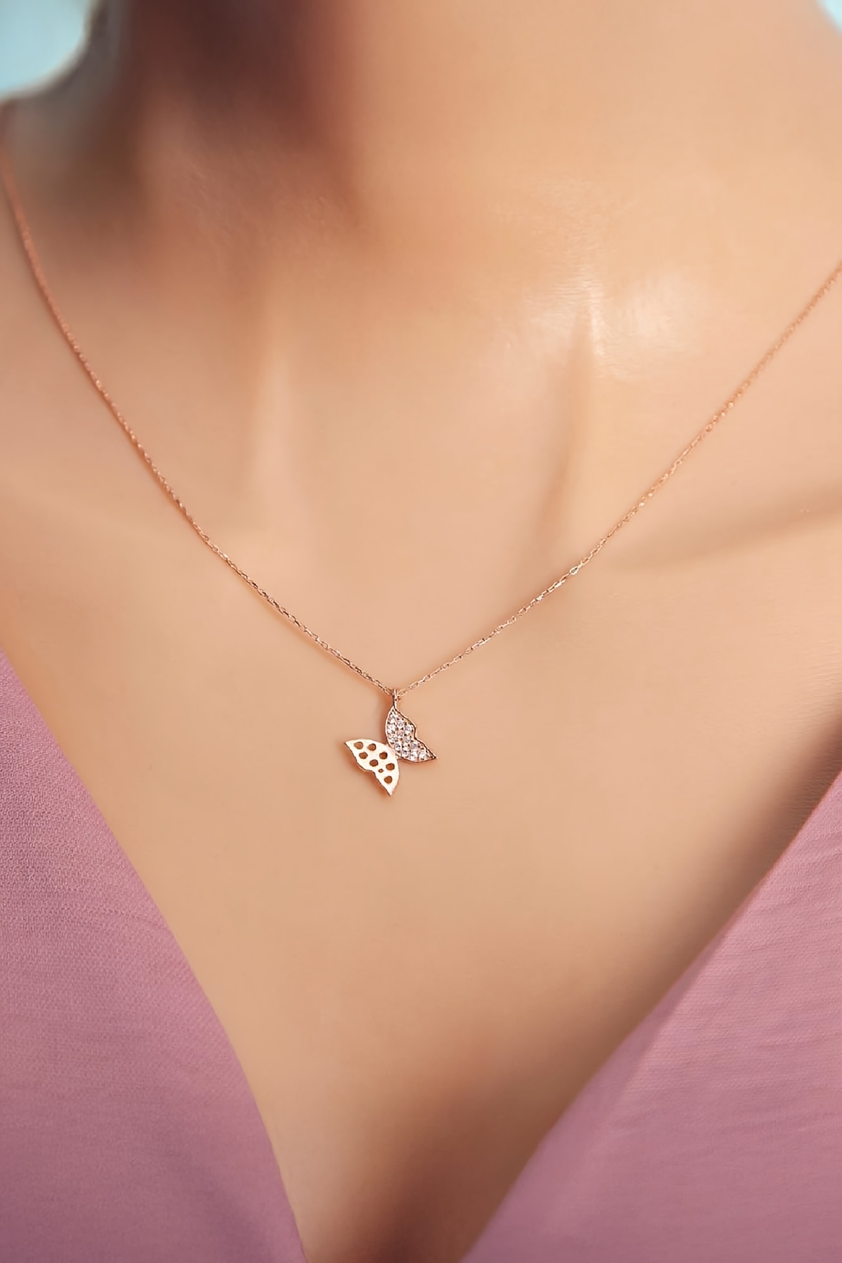 Rose Renk Zirkon Taşlı 925 Ayar Gümüş Kelebek Minimal Bayan Kolye