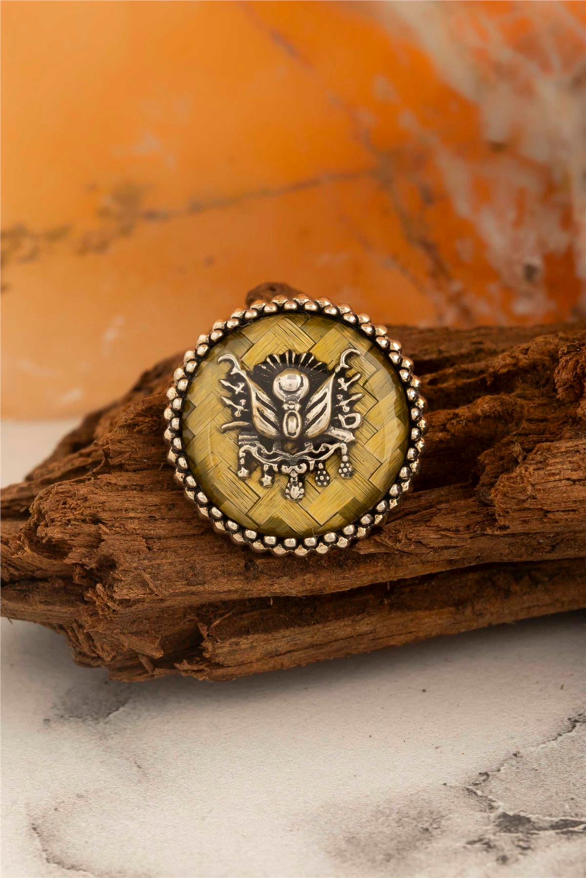 Sarı Mineli Osmanlı Devlet Arması Gümüş Rozet