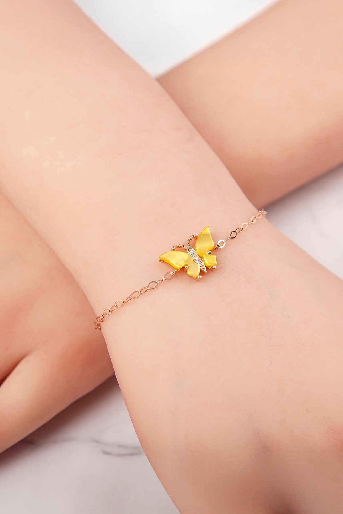 Sarı Opal Rose Renk 925 Ayar Gümüş Kelebek Bayan Bileklik