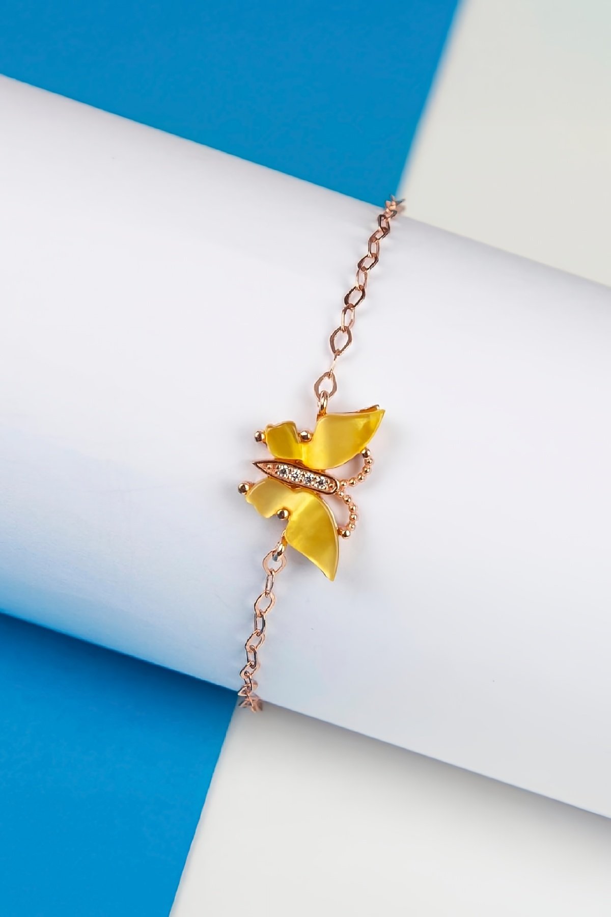 Sarı Opal Rose Renk 925 Ayar Gümüş Kelebek Bayan Bileklik