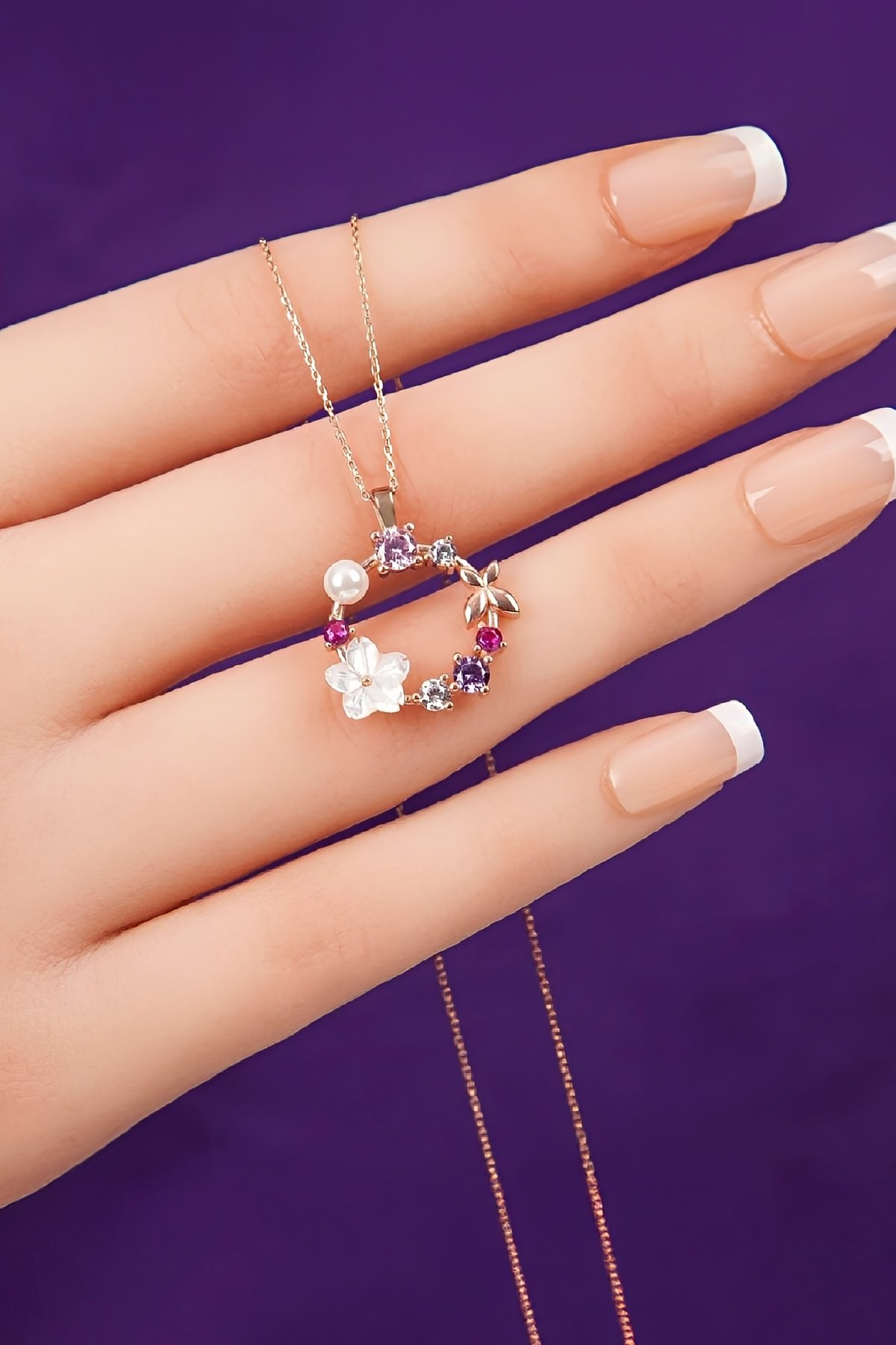 Sedef ve Zirkon Taşlı Rose Renk 925 Ayar Gümüş Manolya Bayan Kolye