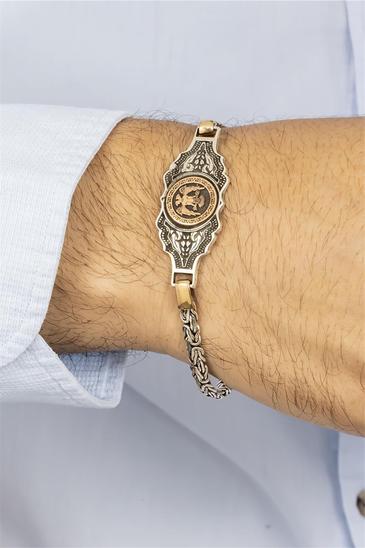 Selçuklu Kartal Figürlü Kral Zincirli Plaka Gümüş Erkek Bileklik