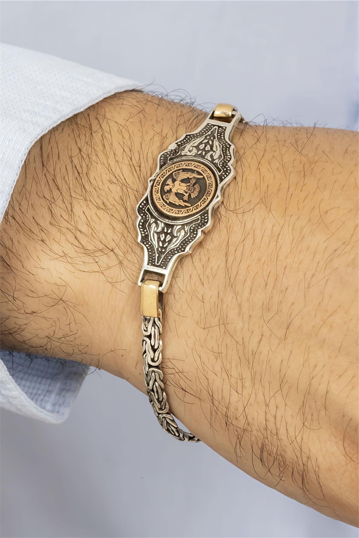 Selçuklu Kartal Figürlü Kral Zincirli Plaka Gümüş Erkek Bileklik