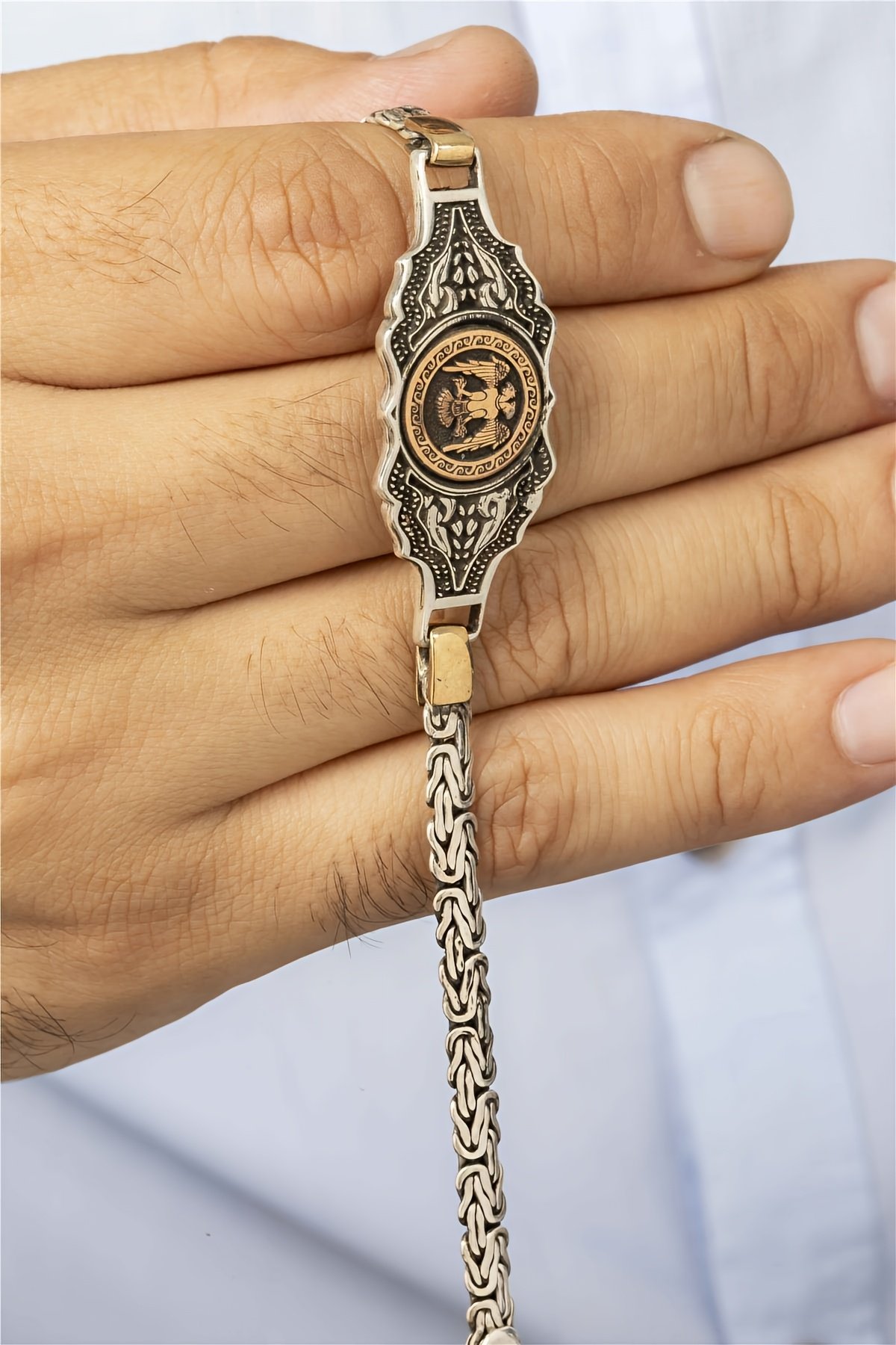 Selçuklu Kartal Figürlü Kral Zincirli Plaka Gümüş Erkek Bileklik