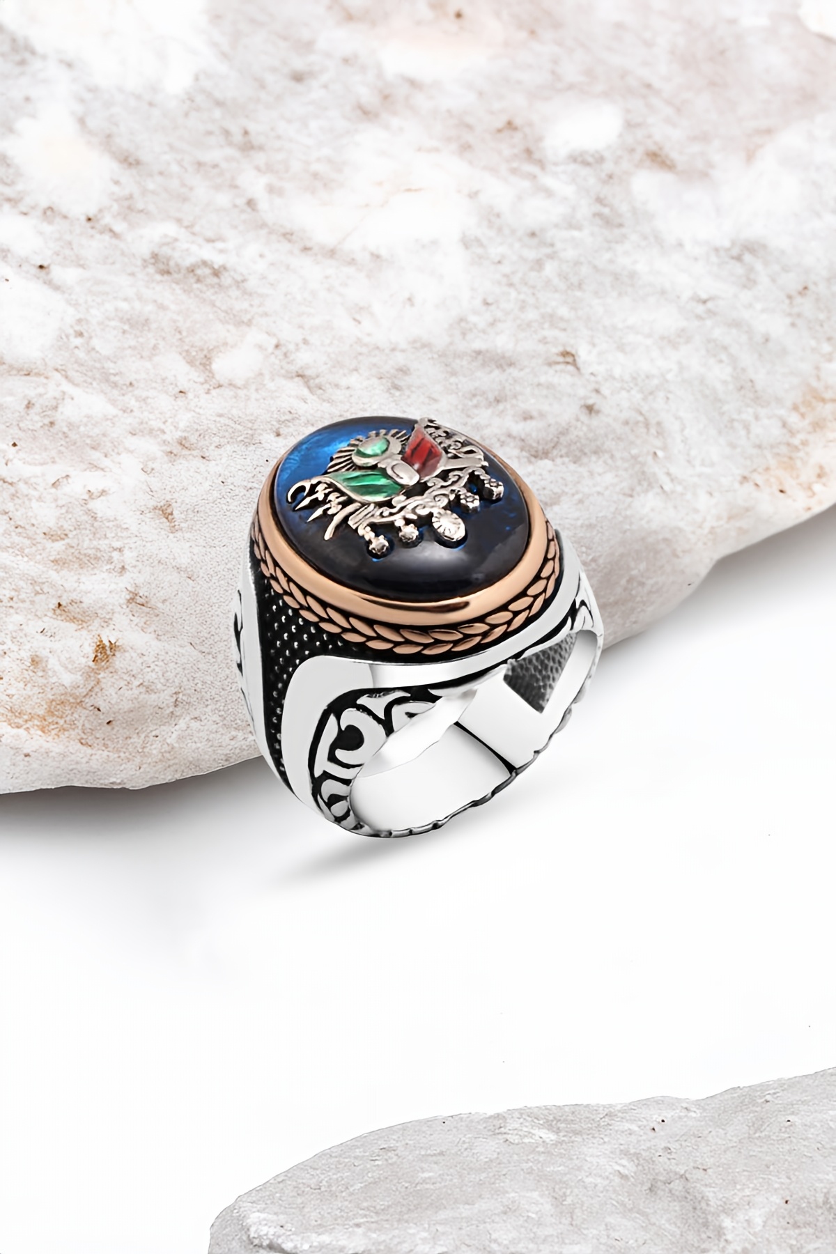 Sentetik Kehribar Mineli Osmanlı Devlet Armalı Gümüş Erkek Yüzük