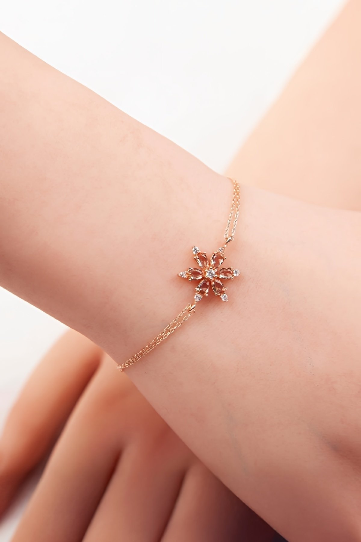 Sitrin Taşlı Rose Renk 925 Ayar Gümüş Çiçek Bayan Bileklik