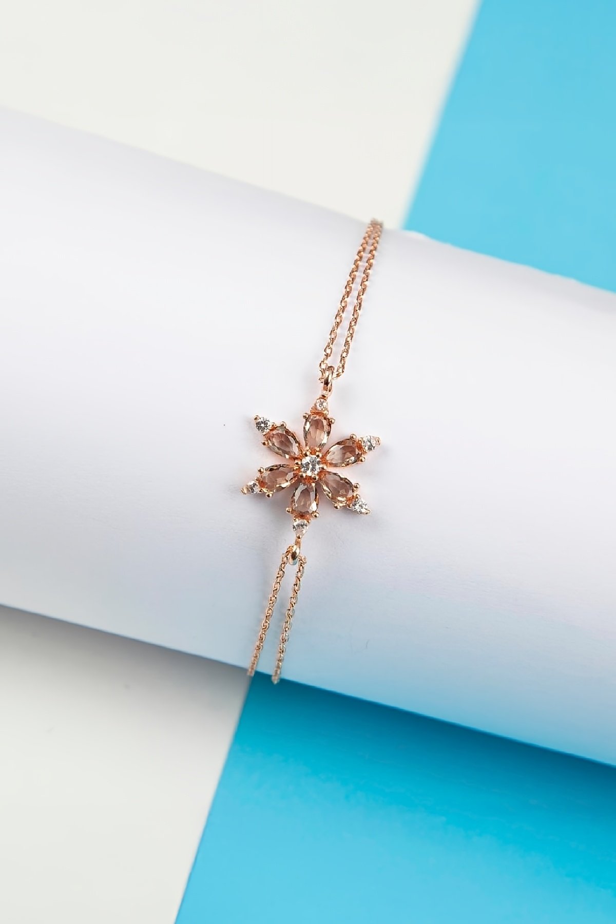 Sitrin Taşlı Rose Renk 925 Ayar Gümüş Çiçek Bayan Bileklik