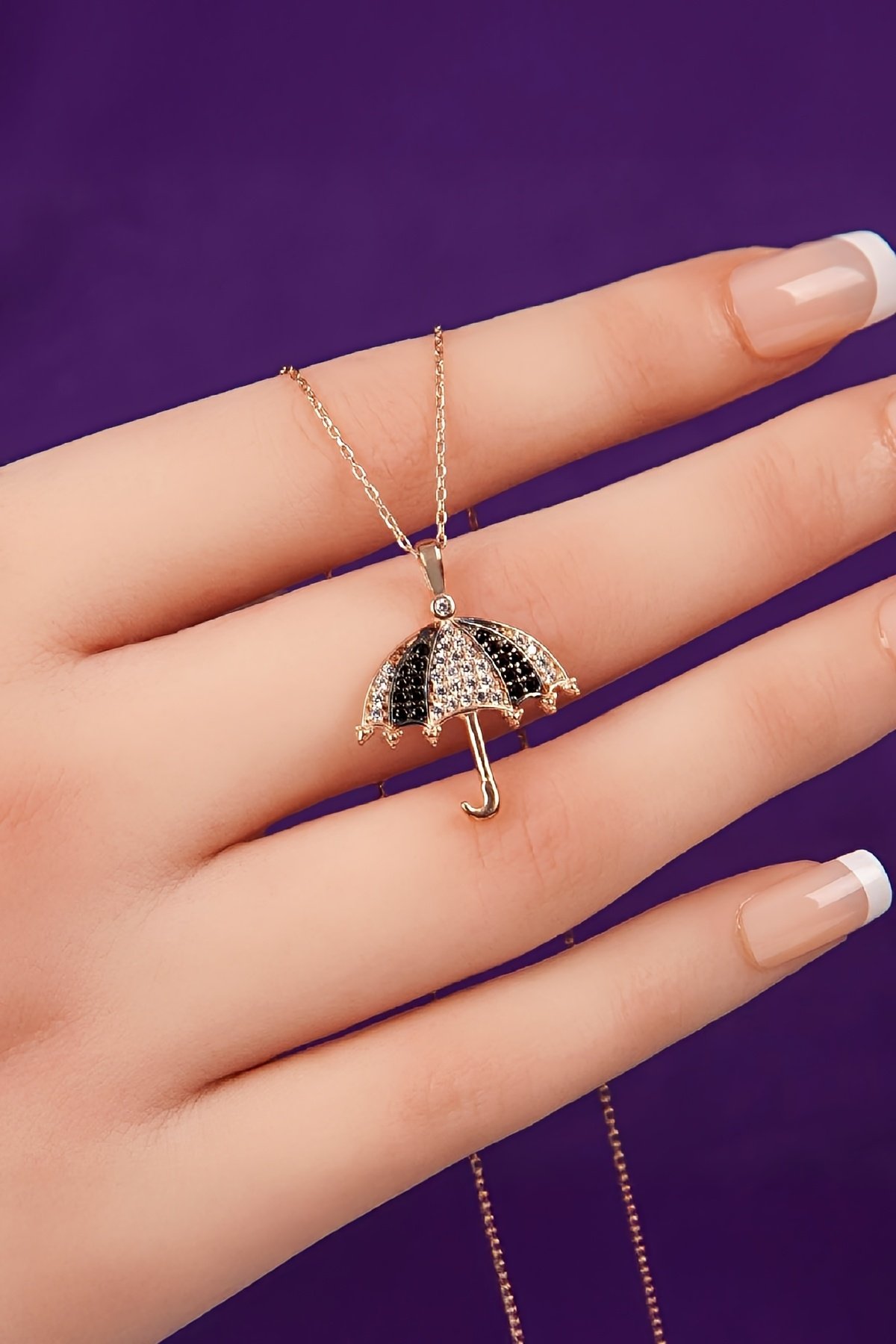 Siyah Beyaz Zirkon Taşlı Rose 925 Ayar Gümüş Şemsiye Bayan Kolye