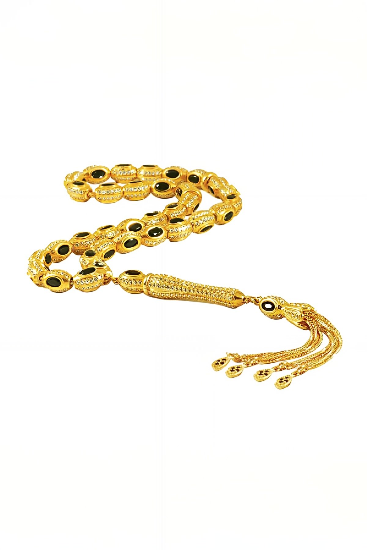 Siyah Zirkon Taşlı Altın Renk Gümüş Tesbih