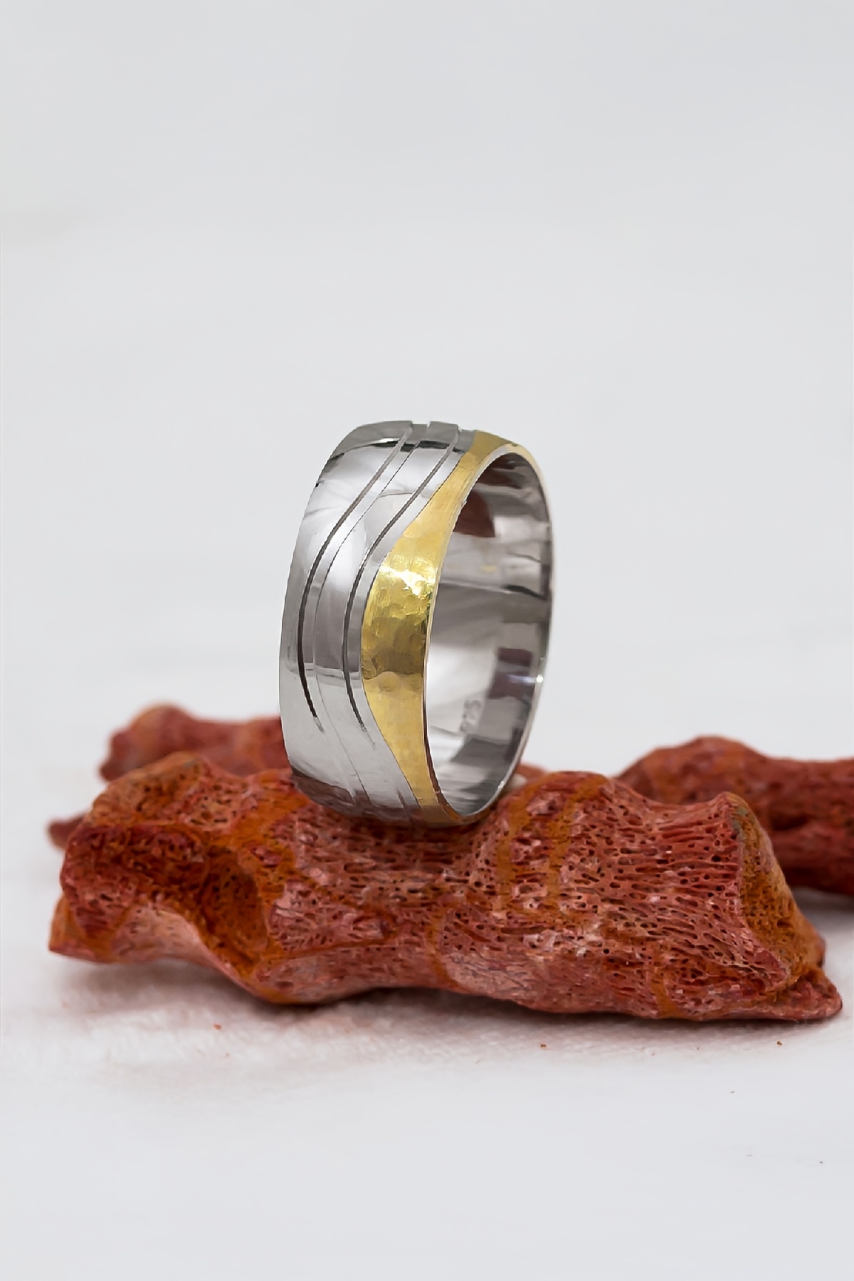 Su Yolu Motifli Altın Renk Geçişli Unisex Gümüş Alyans