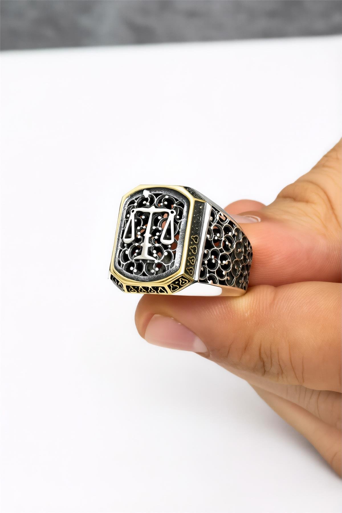 Telkari Desenli 925 Ayar Adalet Terazisi Erkek Yüzük