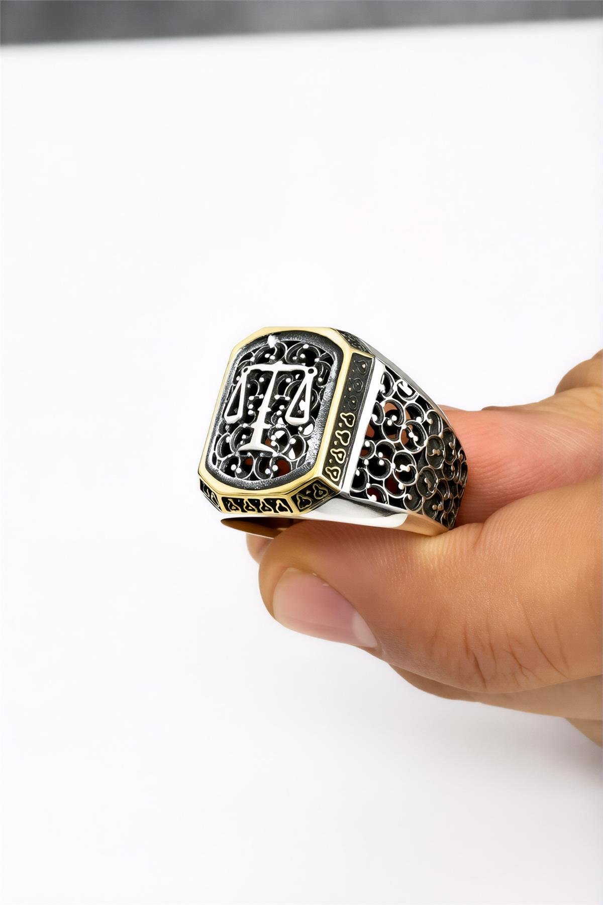 Telkari Desenli 925 Ayar Adalet Terazisi Erkek Yüzük