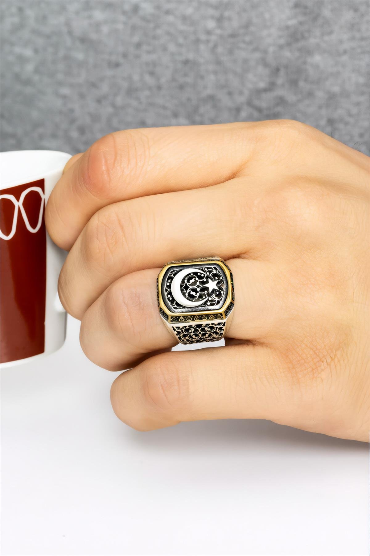 Telkari İşlemeli 925 Ayar Ayyıldız Gümüş Erkek Yüzük