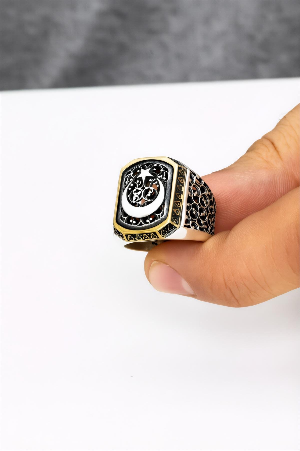 Telkari İşlemeli 925 Ayar Ayyıldız Gümüş Erkek Yüzük