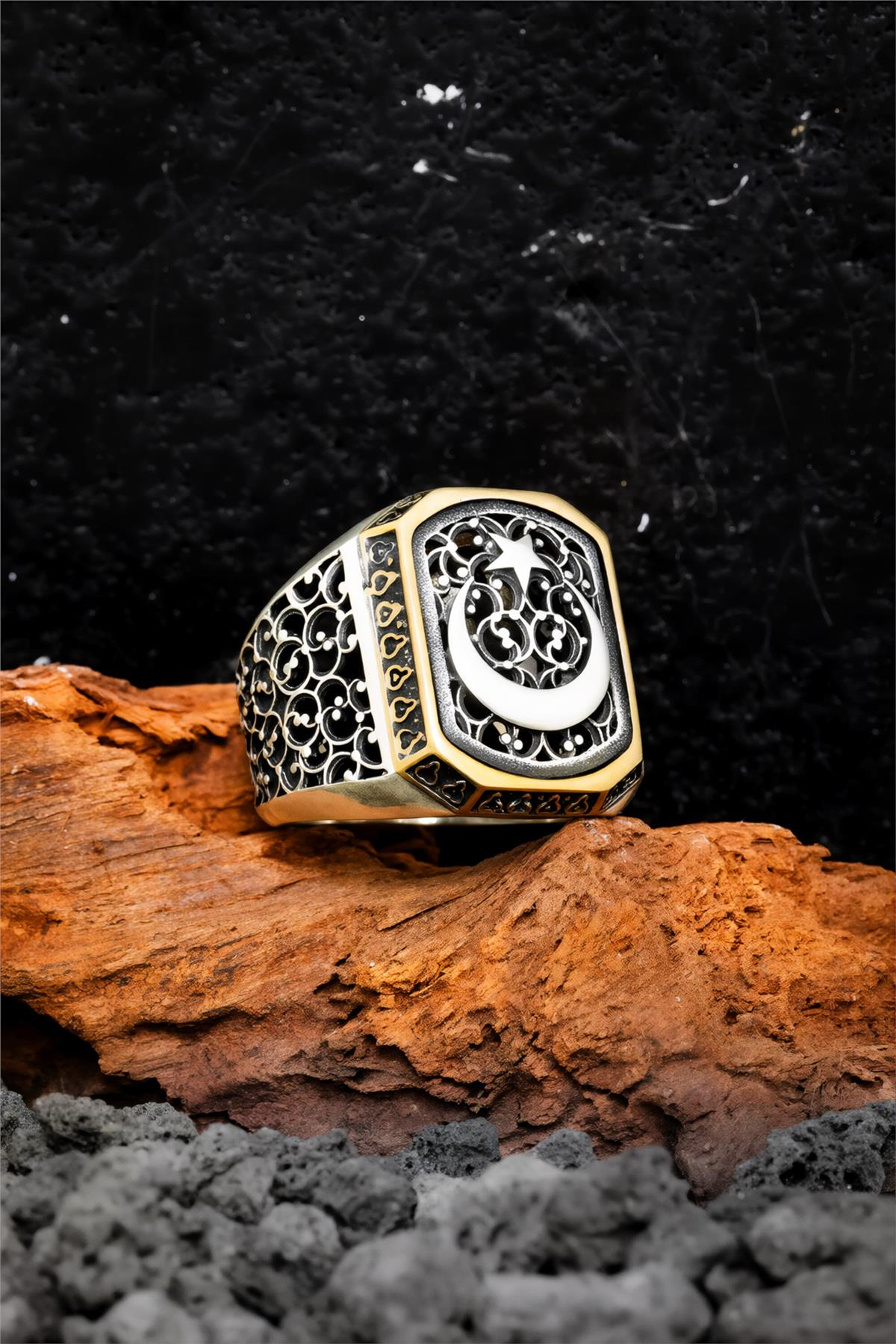 Telkari İşlemeli 925 Ayar Ayyıldız Gümüş Erkek Yüzük