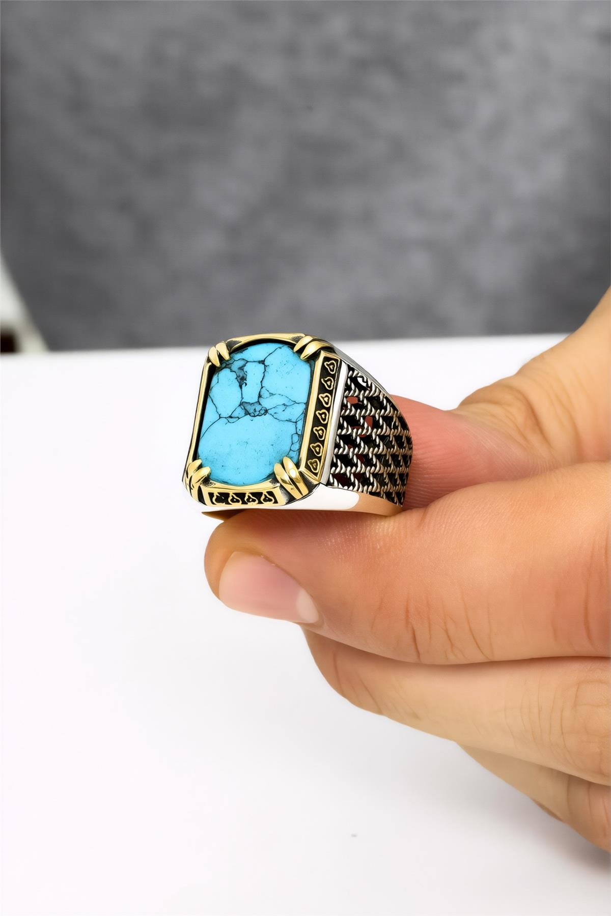 Telkari İşlemeli 925 Ayar Gümüş Firuze Taşlı Erkek Yüzük