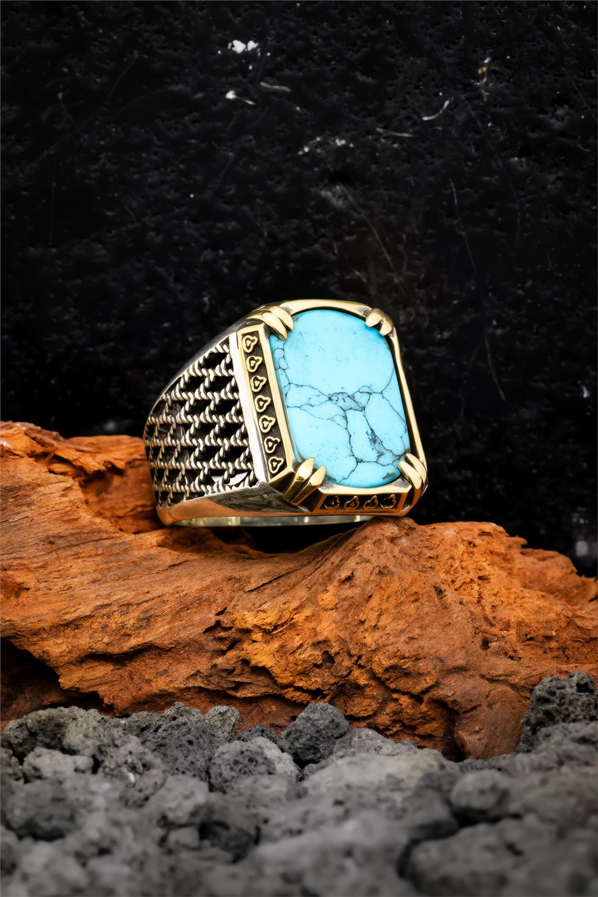 Telkari İşlemeli 925 Ayar Gümüş Firuze Taşlı Erkek Yüzük