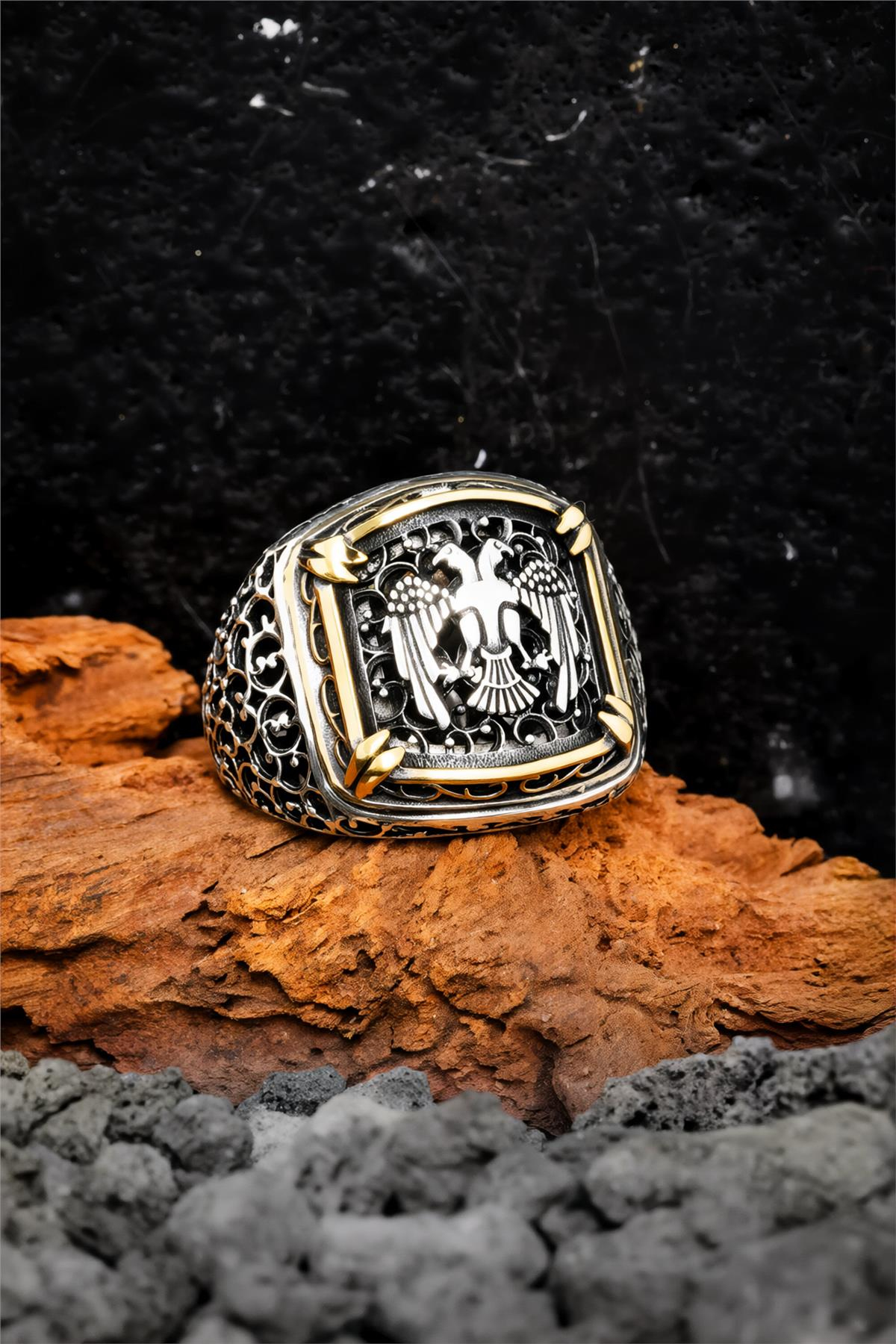 Telkari İşlemeli 925 Ayar Gümüş Selçuklu Kartalı Erkek Yüzük