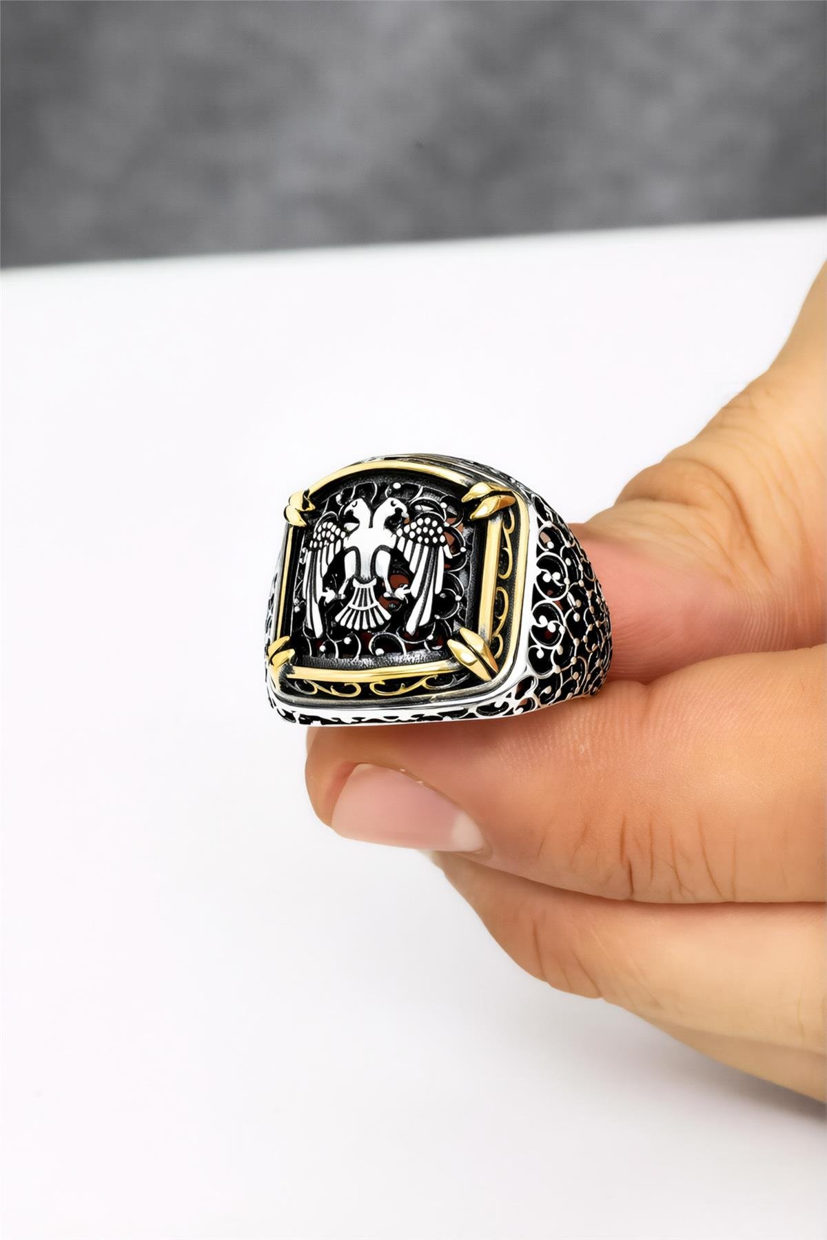 Telkari İşlemeli 925 Ayar Gümüş Selçuklu Kartalı Erkek Yüzük