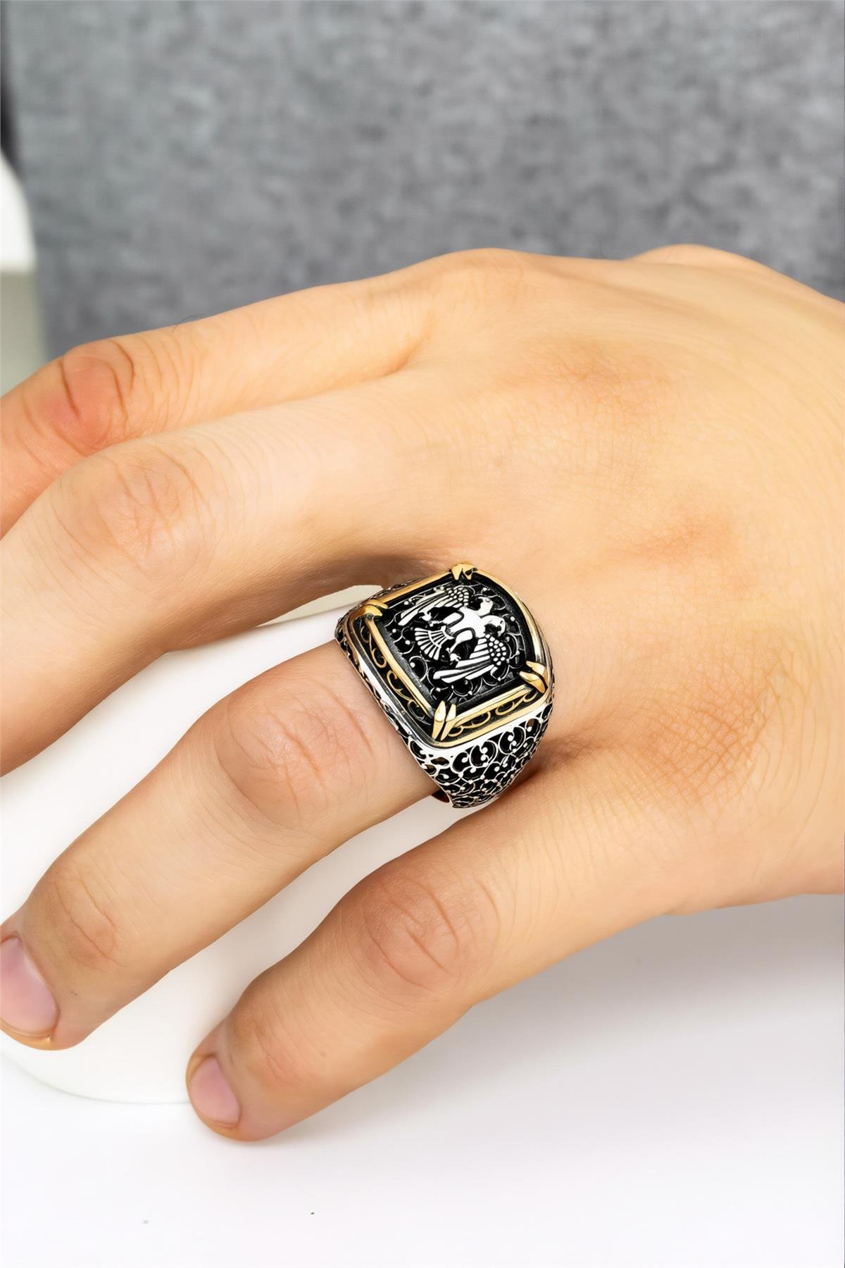 Telkari İşlemeli 925 Ayar Gümüş Selçuklu Kartalı Erkek Yüzük